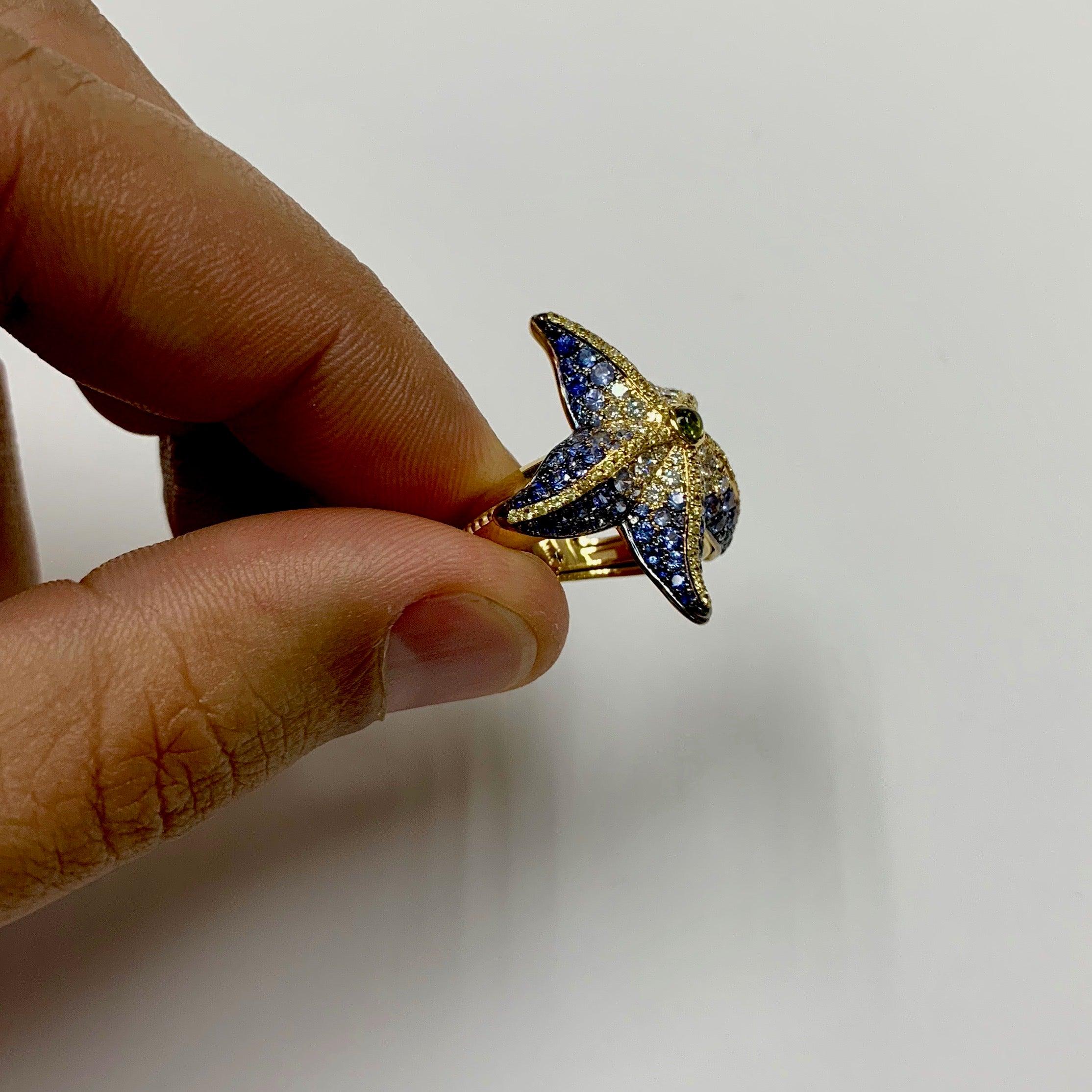 Im Angebot: Diamanten Saphir 18 Karat Gelbgold Seestern-Ring () 5