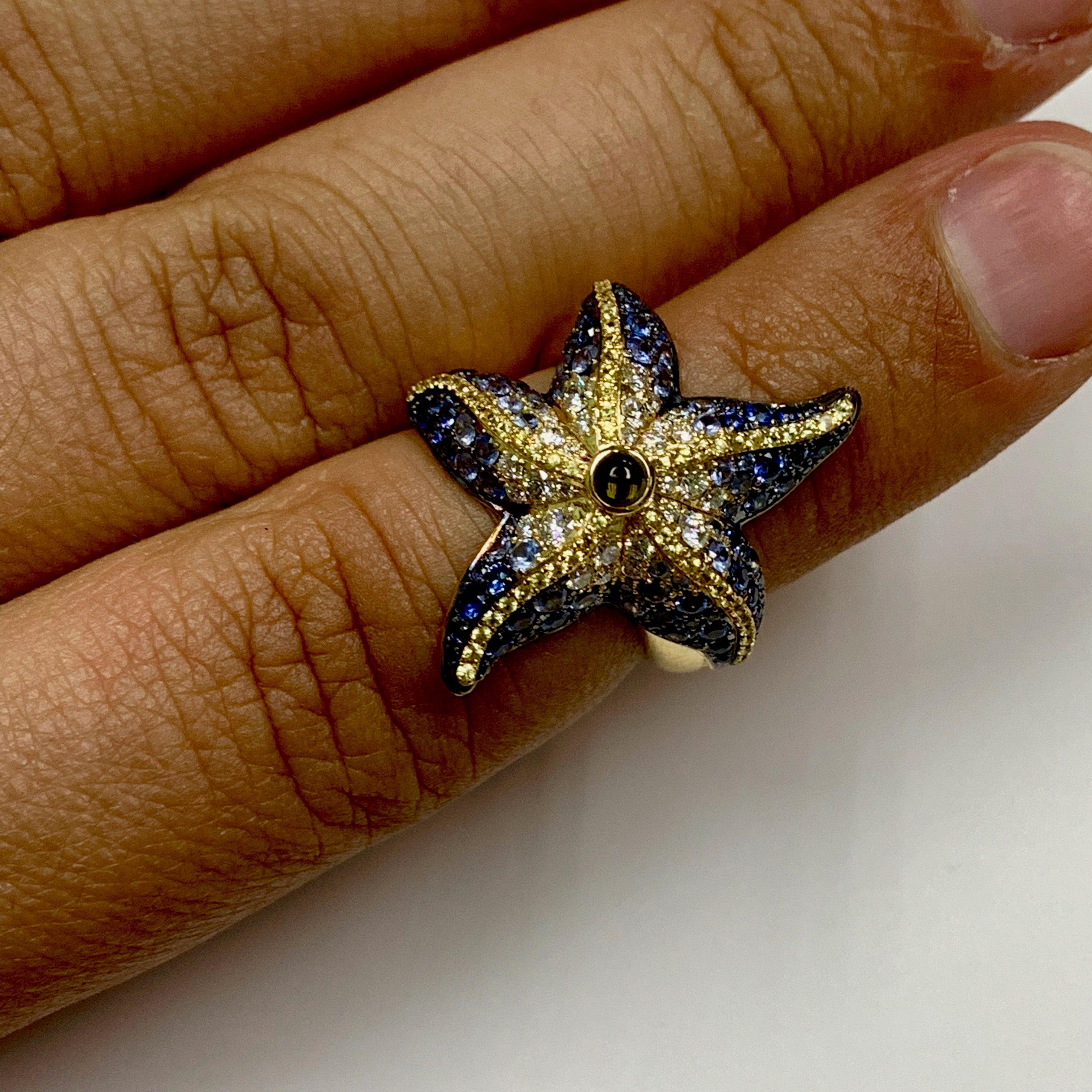 For Sale:  Diamonds Sapphire 18 Karat Yellow Gold Sea Star Ring 6