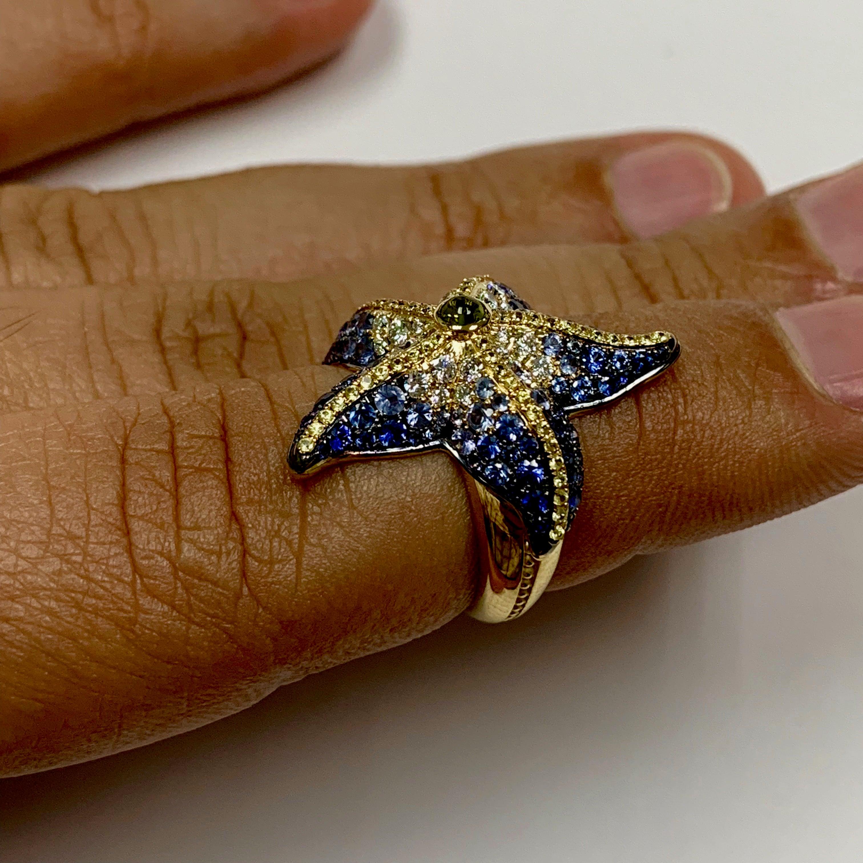 For Sale:  Diamonds Sapphire 18 Karat Yellow Gold Sea Star Ring 7
