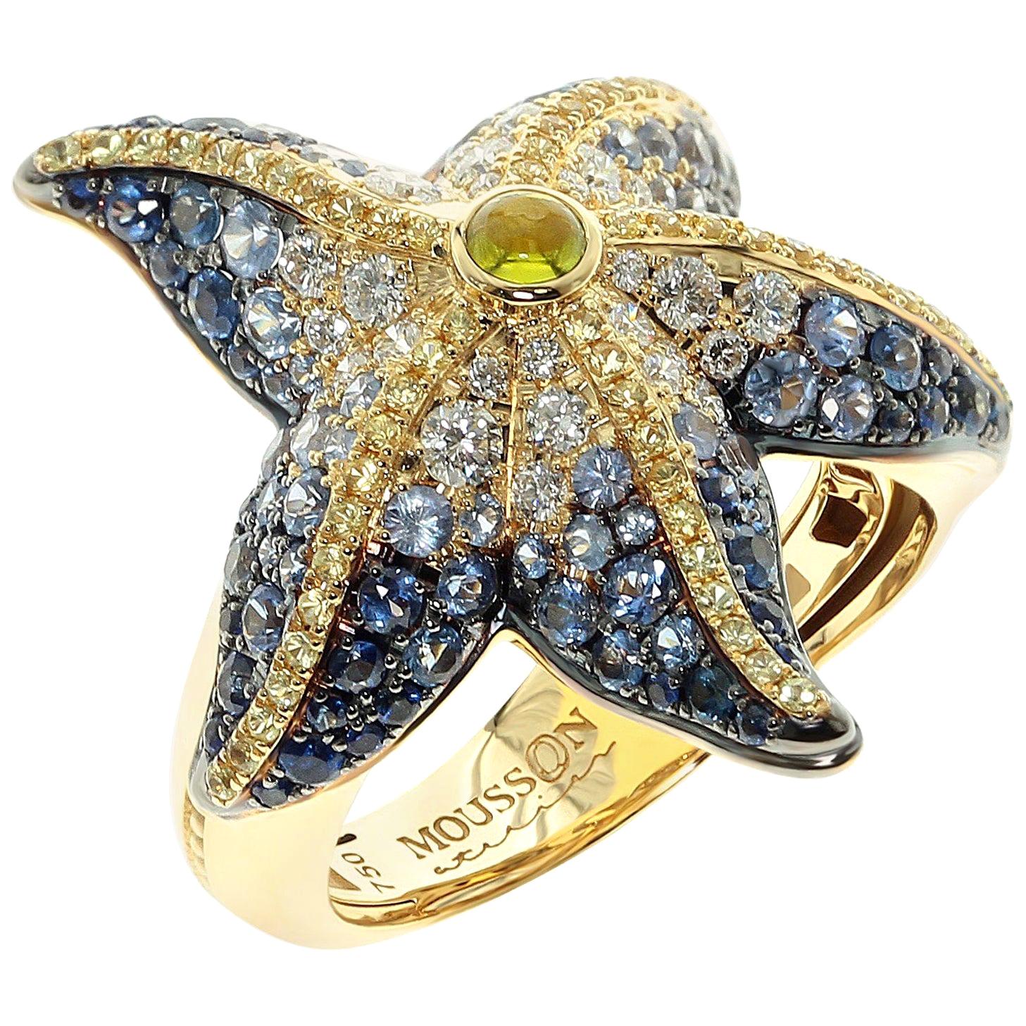 For Sale:  Diamonds Sapphire 18 Karat Yellow Gold Sea Star Ring