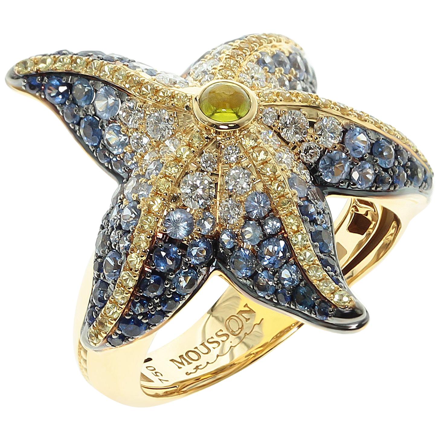 Diamonds Sapphire 18 Karat Yellow Gold Sea Star Ring