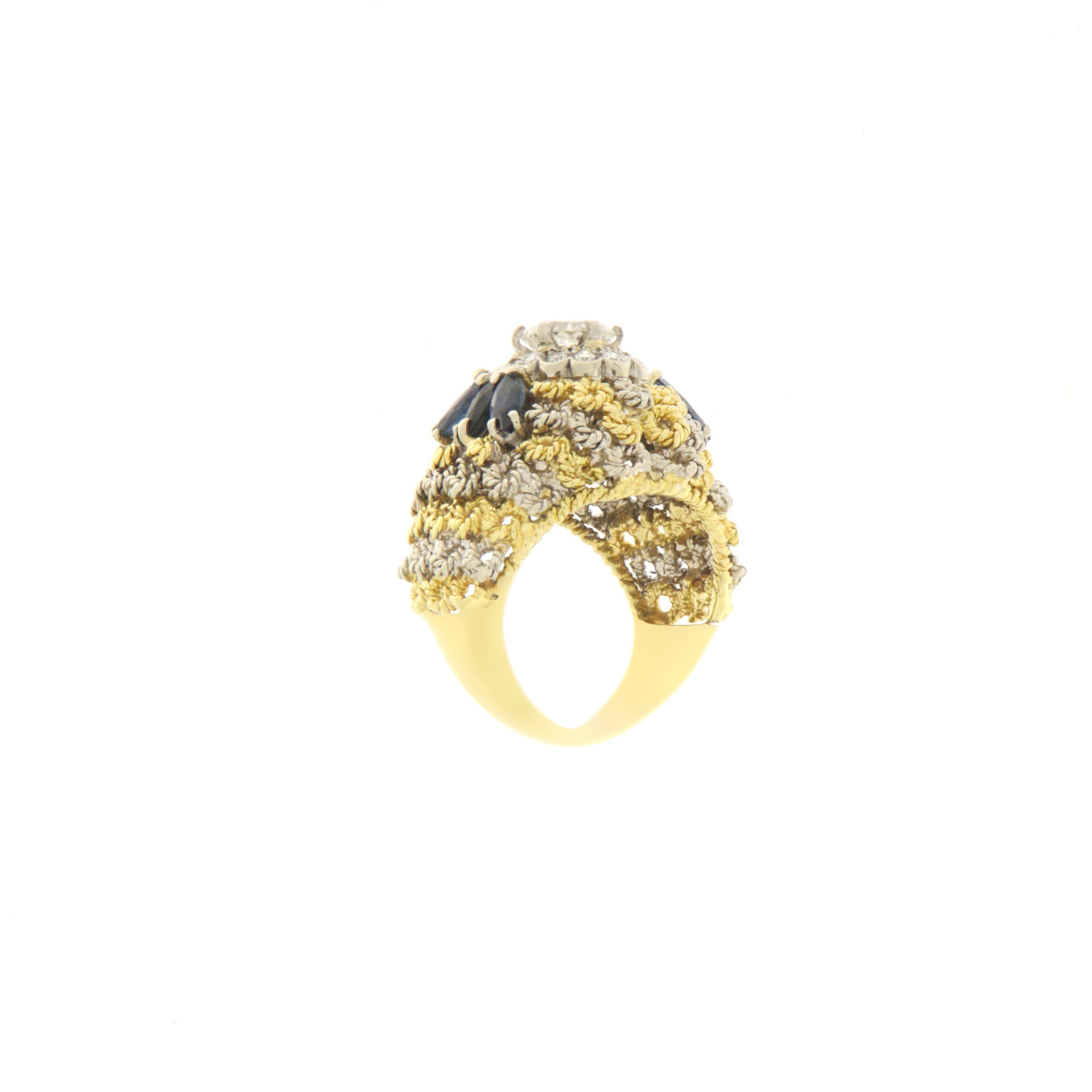 Round Cut Diamonds Sapphire 18 Karat Yellow White Gold Cocktail Ring For Sale
