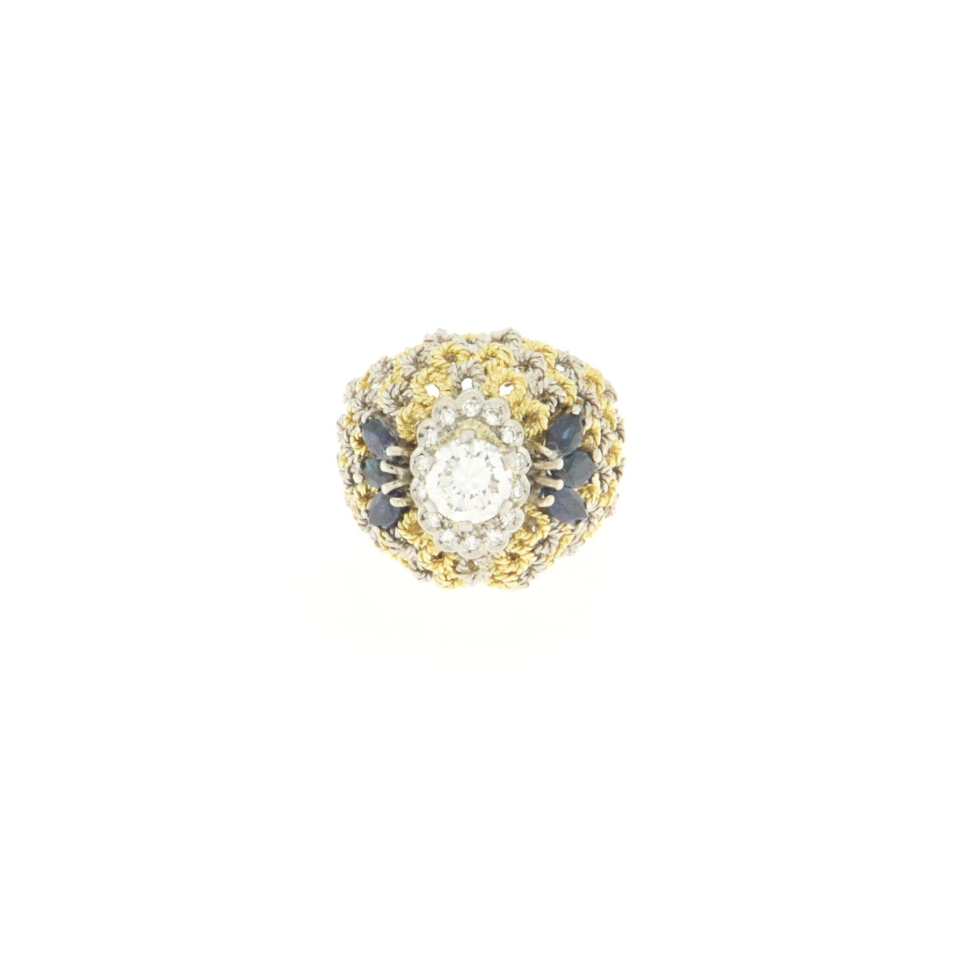 Women's Diamonds Sapphire 18 Karat Yellow White Gold Cocktail Ring For Sale