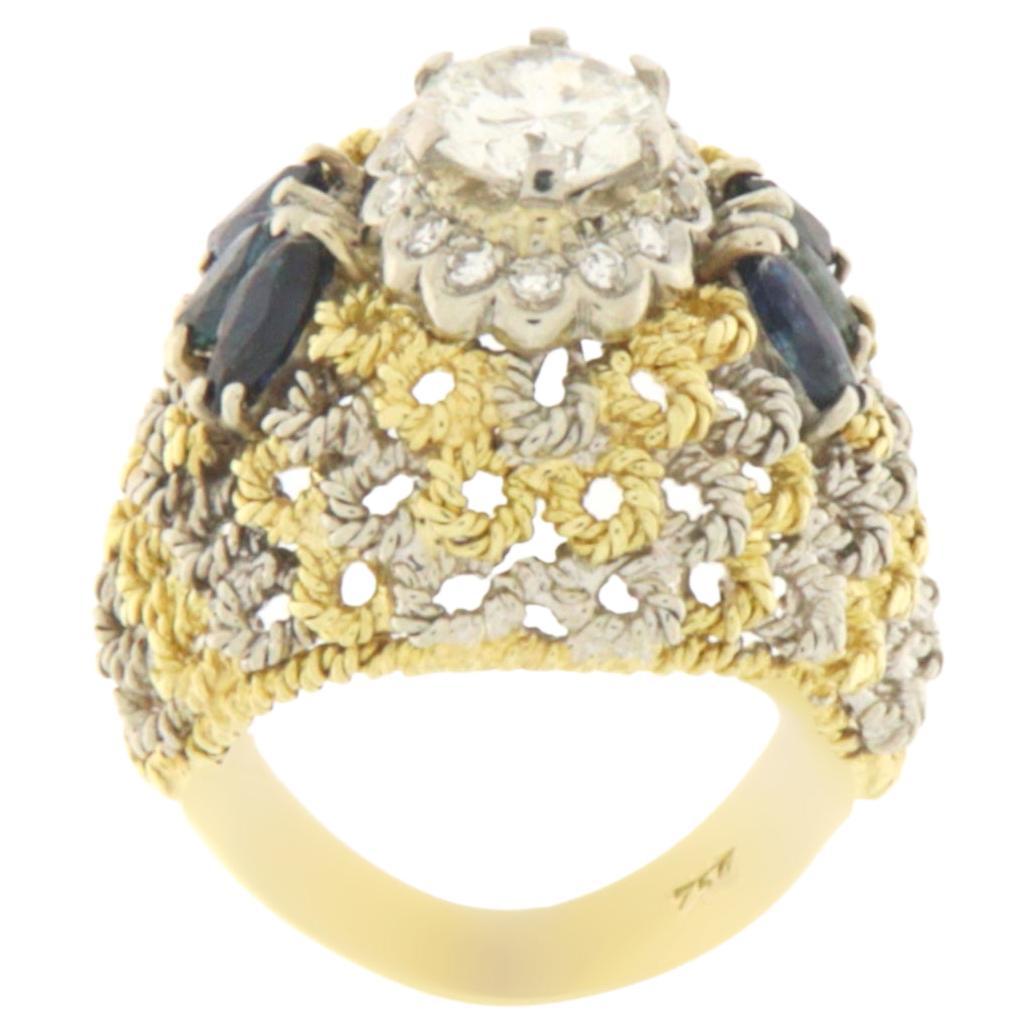 Diamonds Sapphire 18 Karat Yellow White Gold Cocktail Ring For Sale