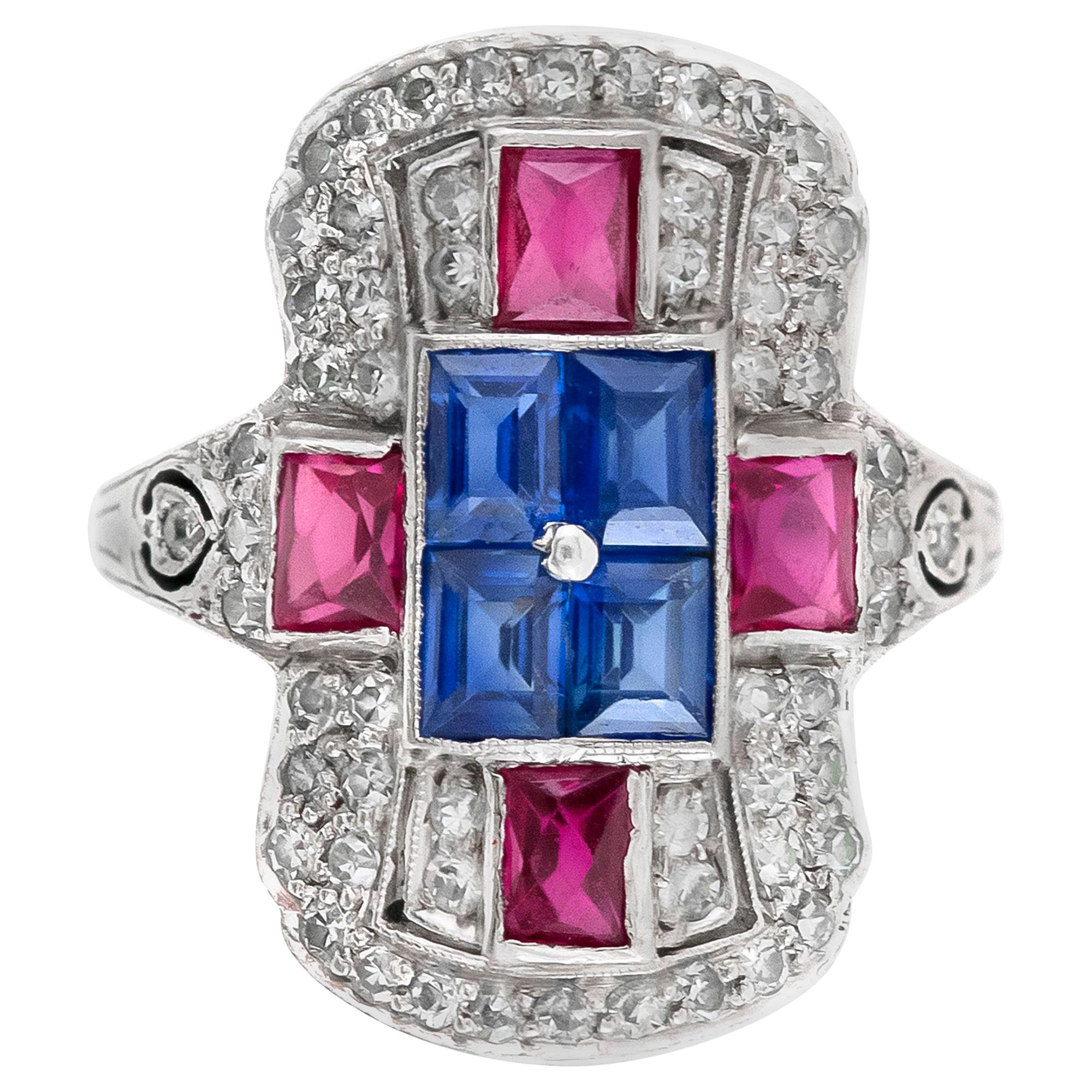 Diamonds Sapphire and Ruby Platinum Art Deco Style Ring