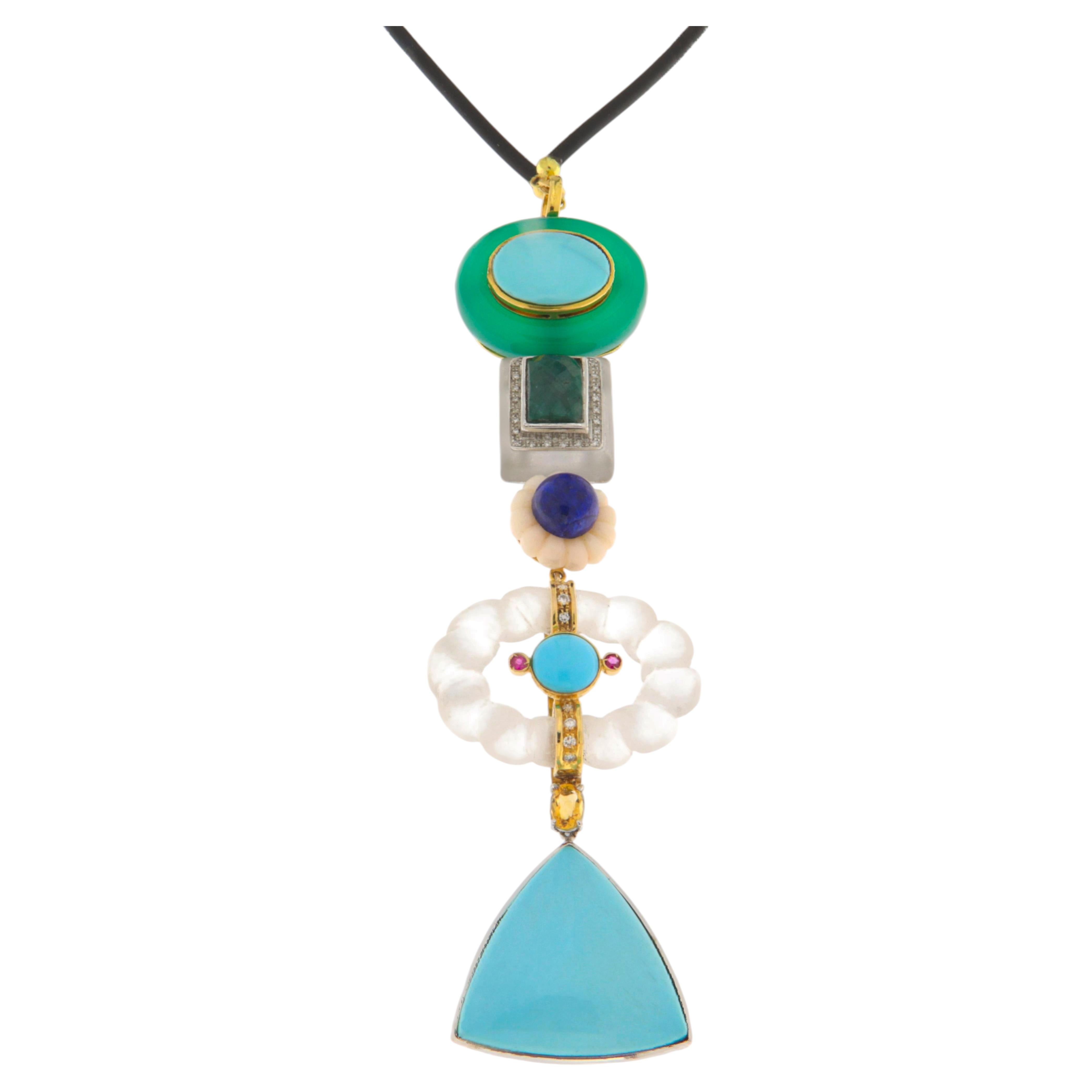 18K Yellow & White Gold Turquoise Diamond Emerald Pendant Necklace