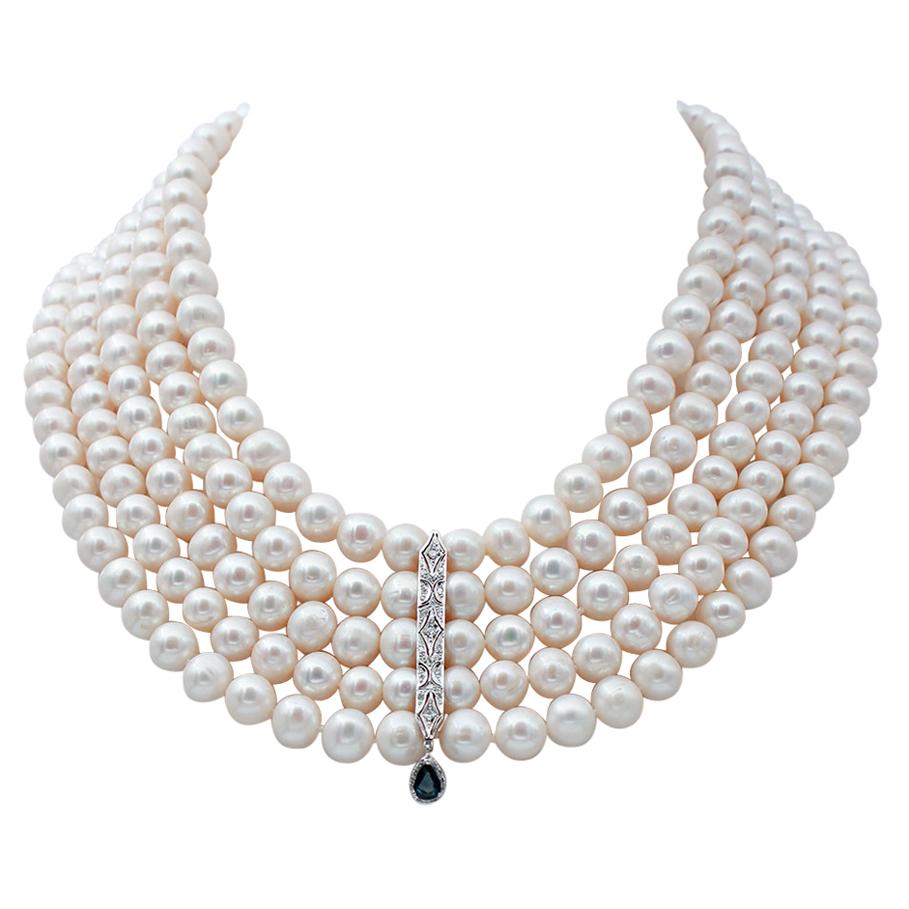 Diamonds, Sapphire, Pearls, Platinum Necklace