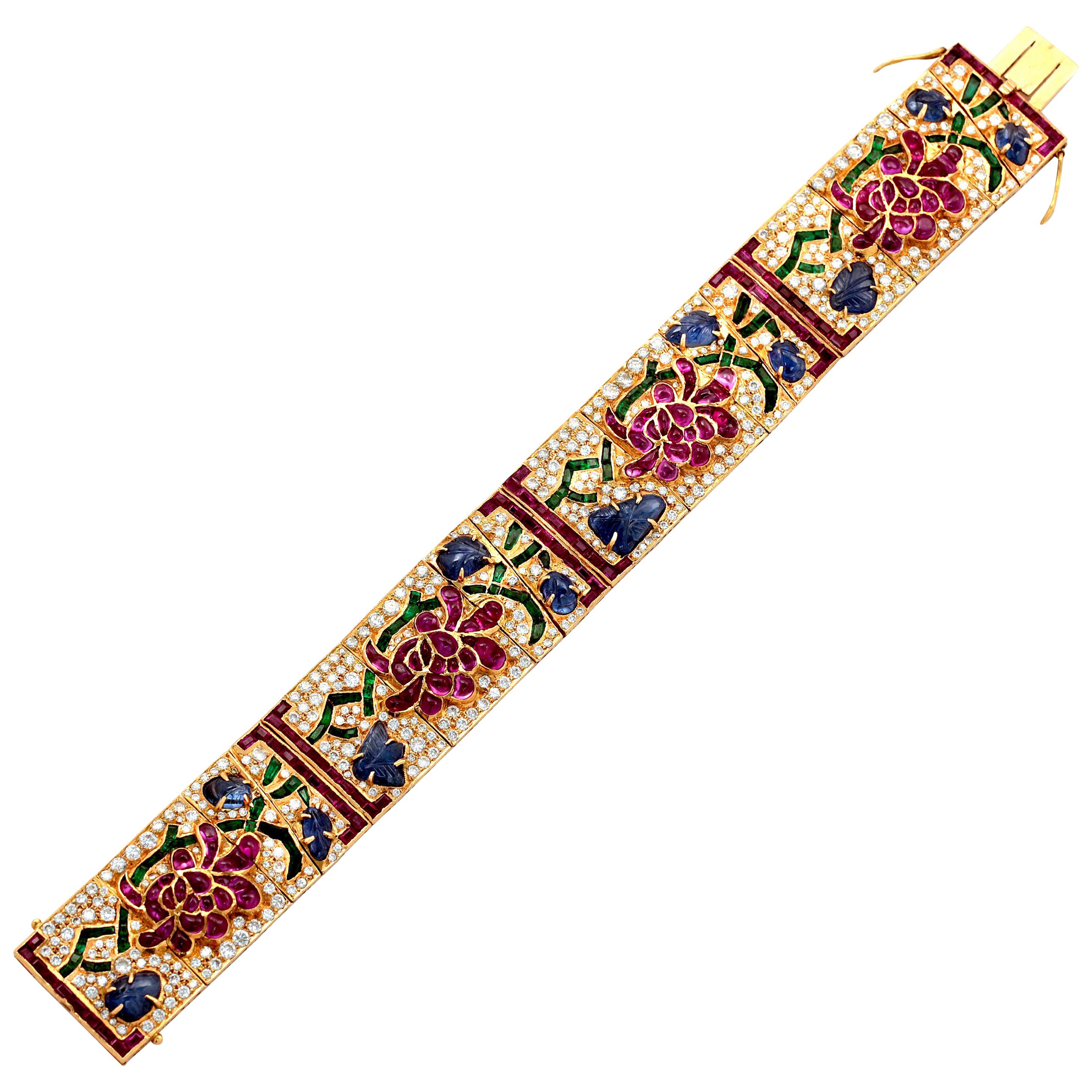 Diamonds, Sapphire, Ruby and Green Emerald Bracelet For Sale