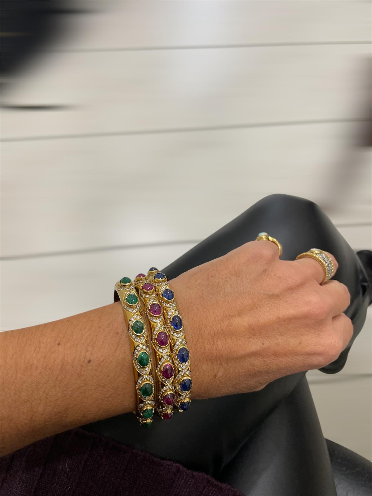 Arcese Rome Diamonds, Sapphire, Ruby, Emerald Gold Trio Of Bangle Bracelets 6