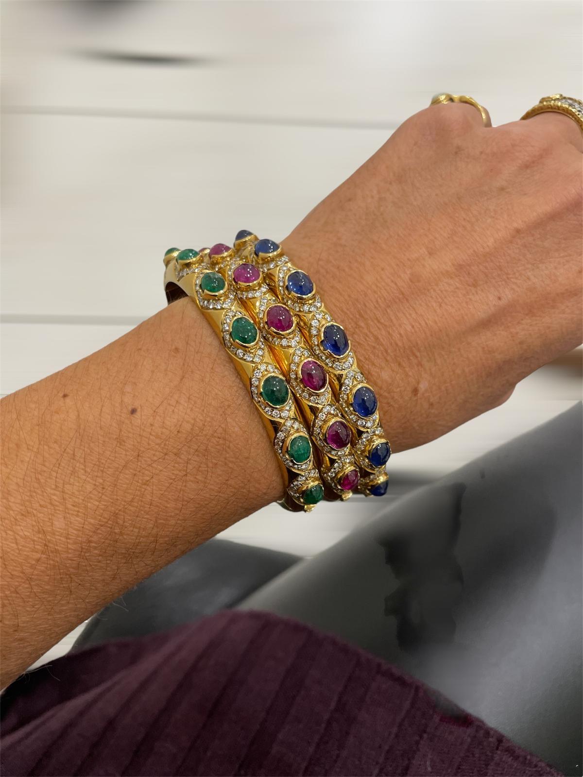 Arcese Rome Diamonds, Sapphire, Ruby, Emerald Gold Trio Of Bangle Bracelets 7