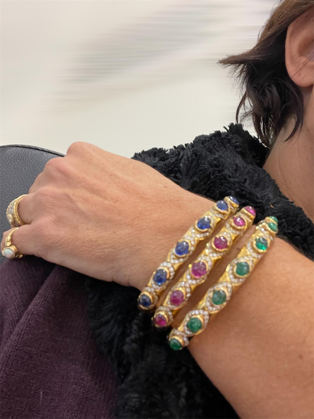 Arcese Rome Diamonds, Sapphire, Ruby, Emerald Gold Trio Of Bangle Bracelets 8