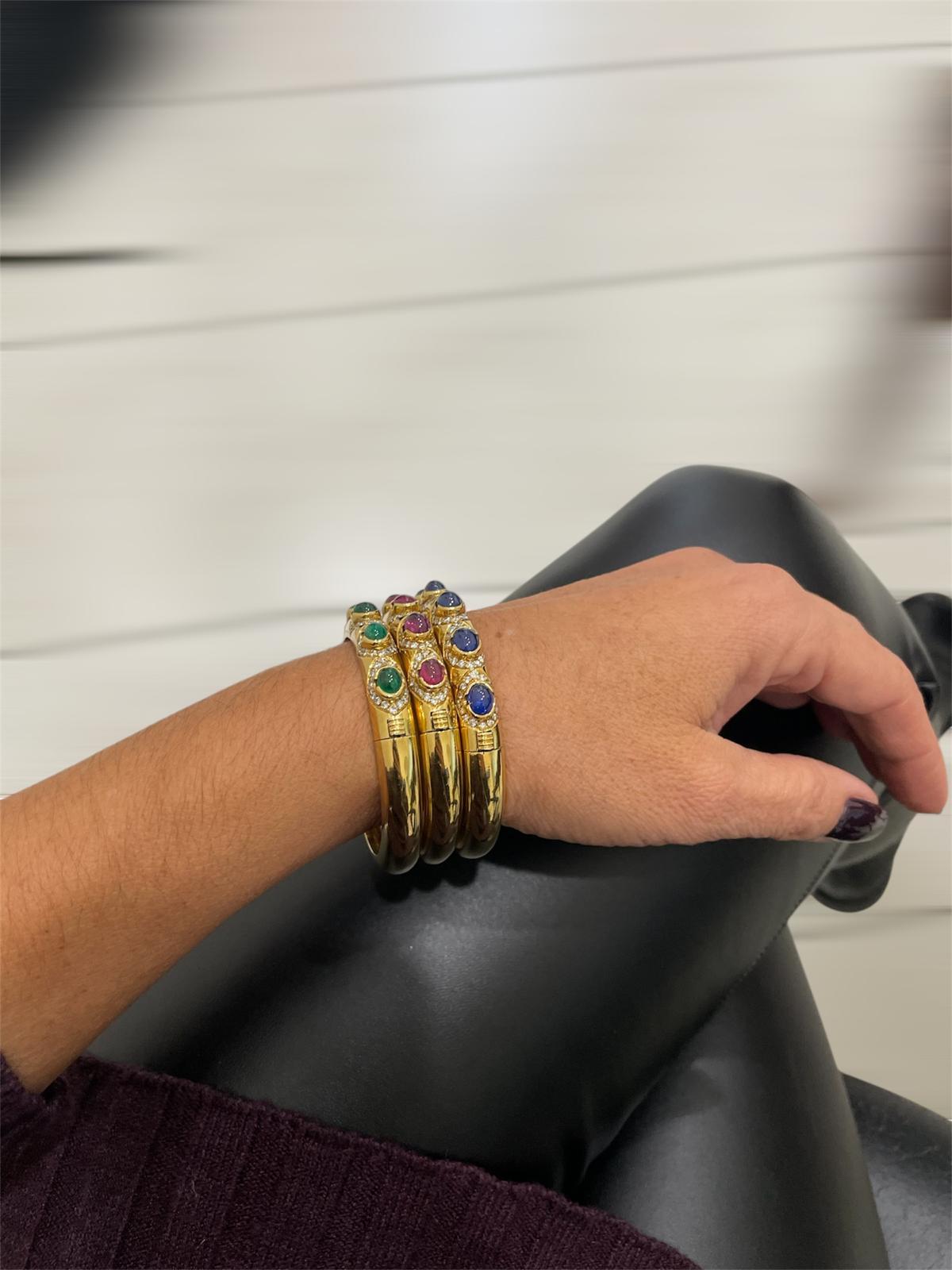 Arcese Rome Diamonds, Sapphire, Ruby, Emerald Gold Trio Of Bangle Bracelets 9