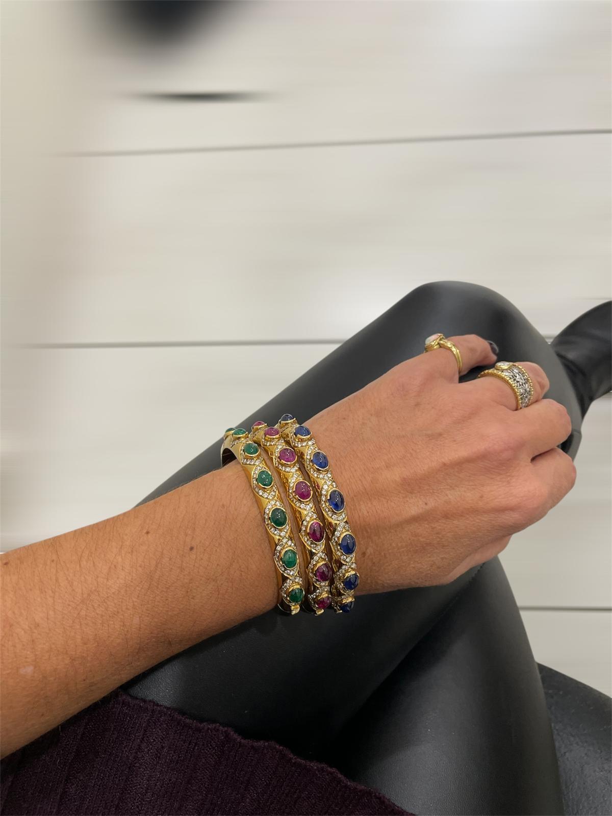 Arcese Rome Diamonds, Sapphire, Ruby, Emerald Gold Trio Of Bangle Bracelets 10