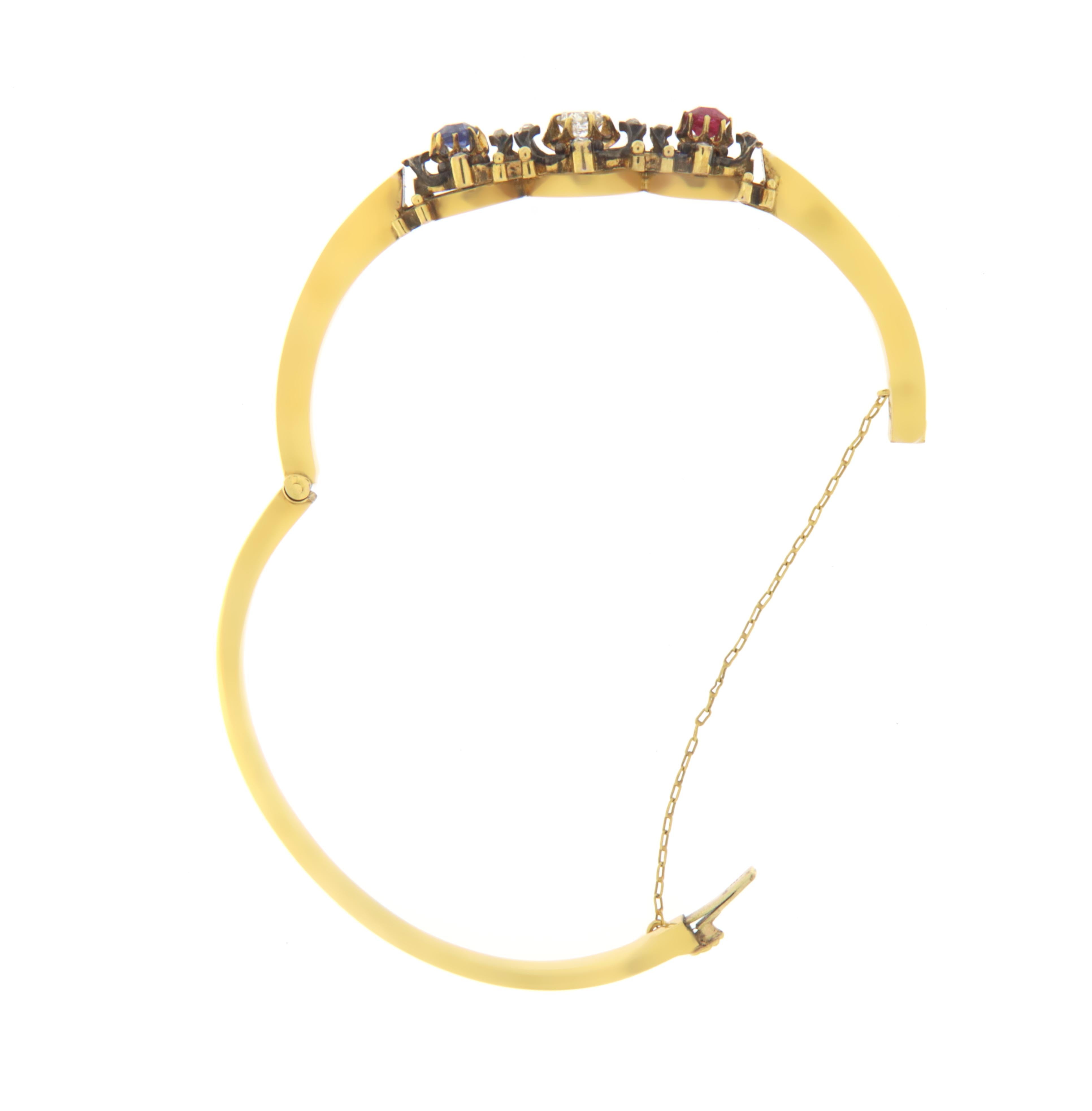 Retro Diamonds Sapphire Ruby Yellow Gold 14 Karat Bangles Bracelets For Sale