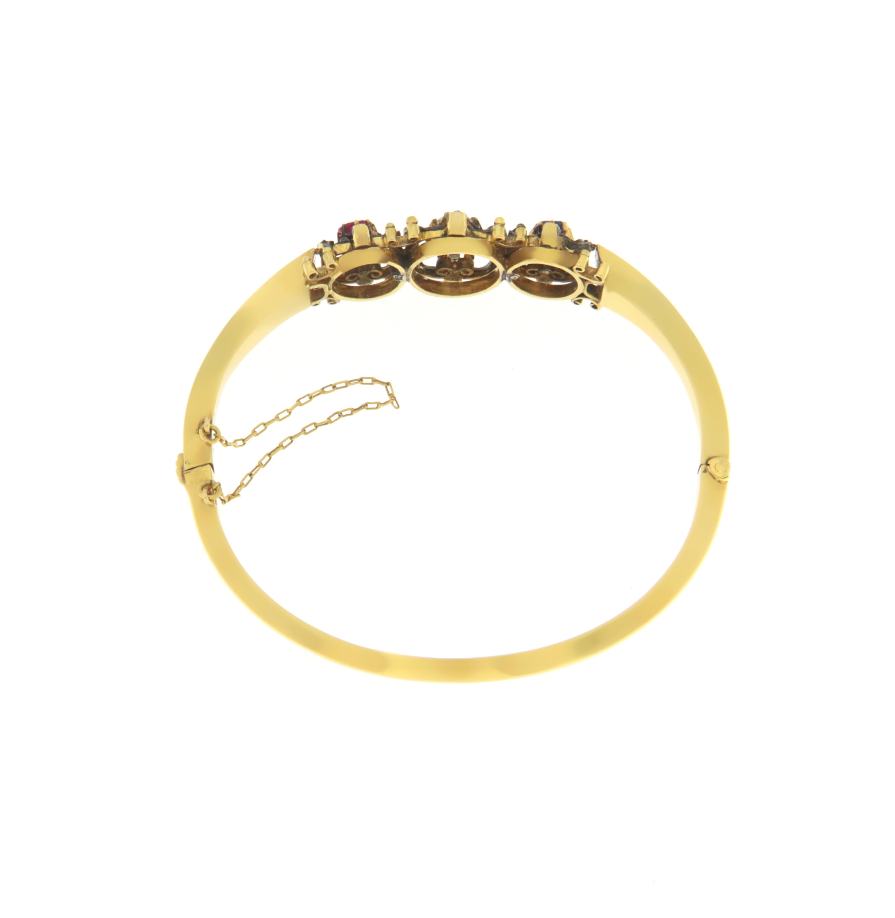 Round Cut Diamonds Sapphire Ruby Yellow Gold 14 Karat Bangles Bracelets For Sale