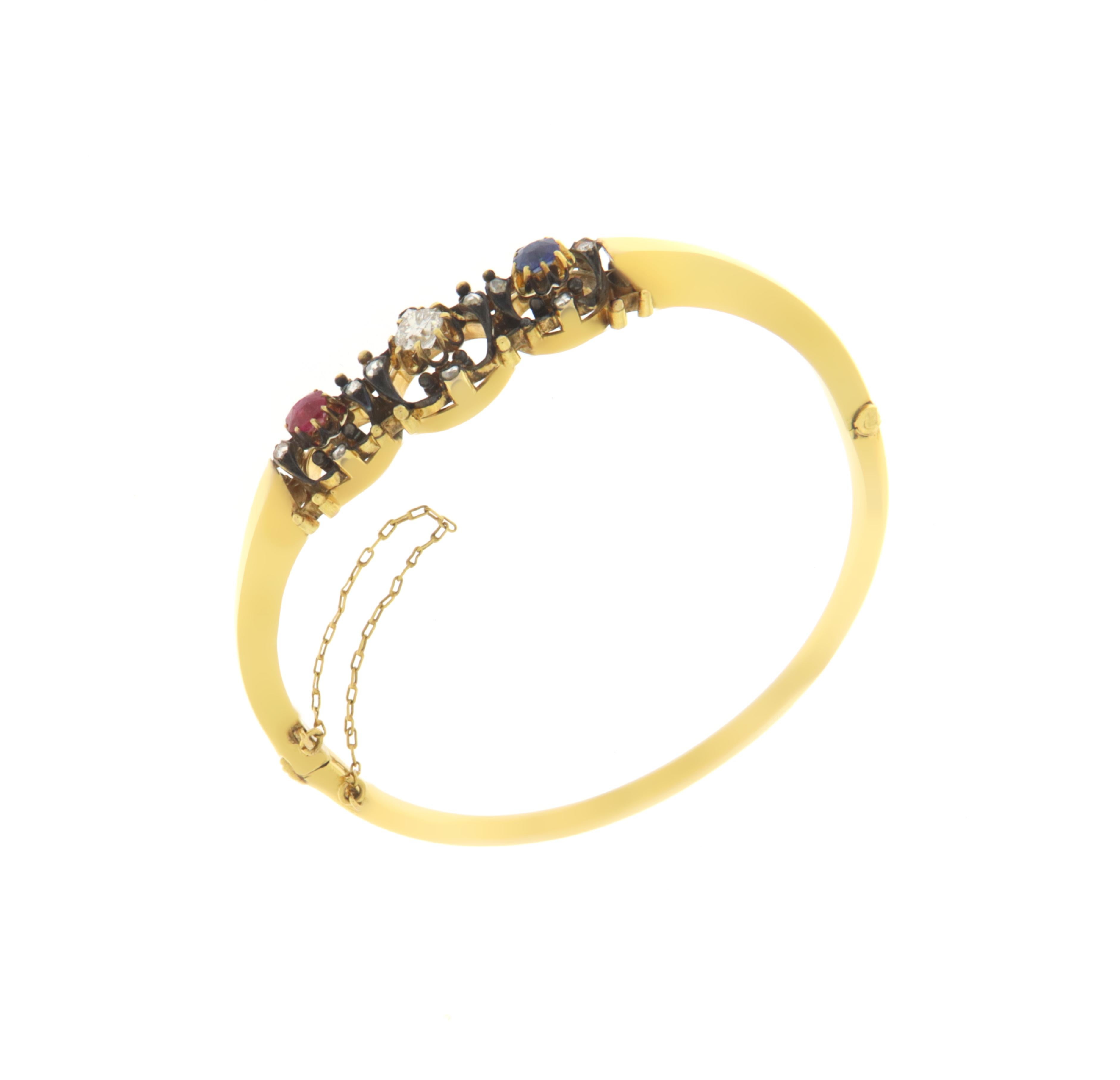 Diamonds Sapphire Ruby Yellow Gold 14 Karat Bangles Bracelets In New Condition For Sale In Marcianise, IT