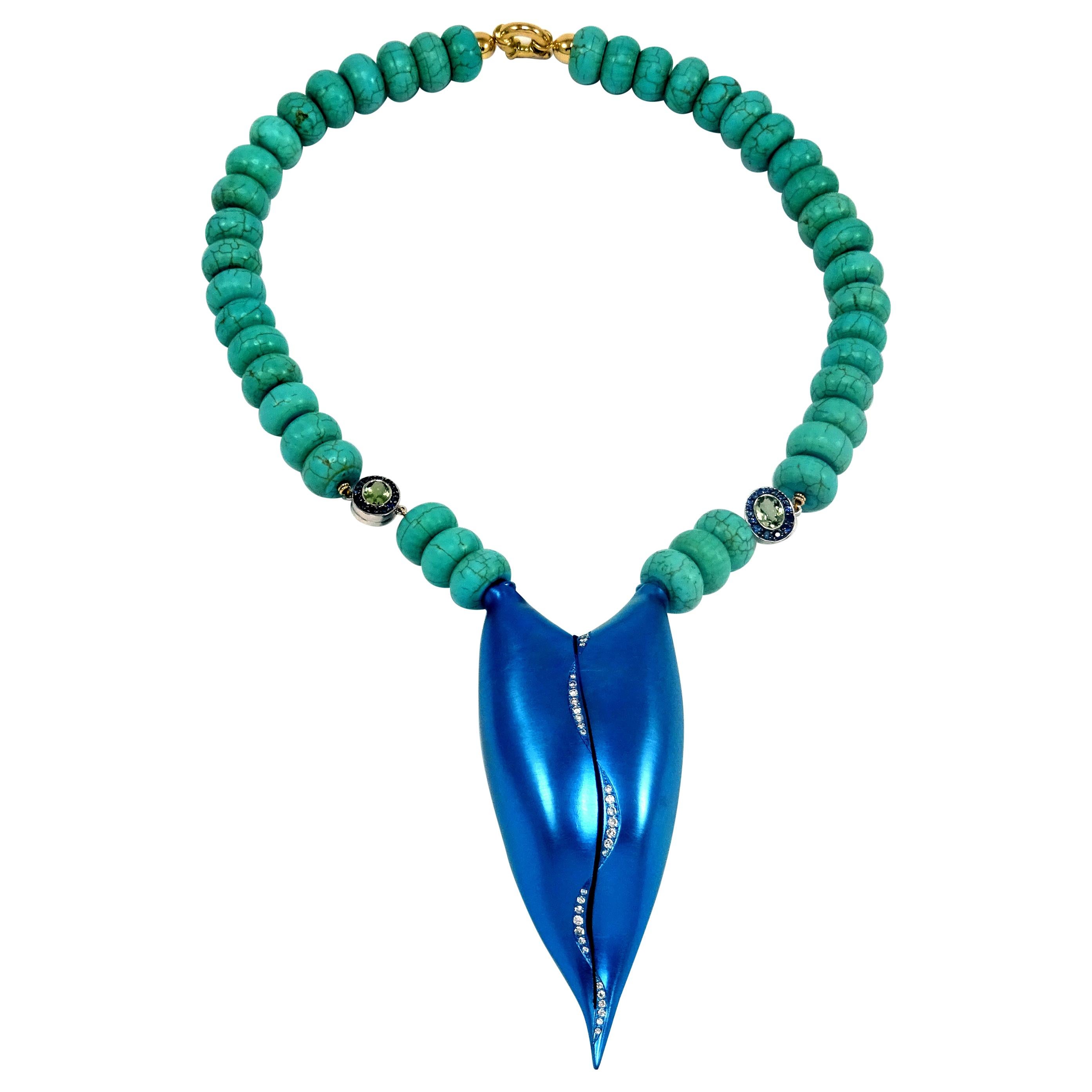 Diamonds Sapphire Tourmaline Green Turquoise 18k Gold Blue Titanium Necklace For Sale