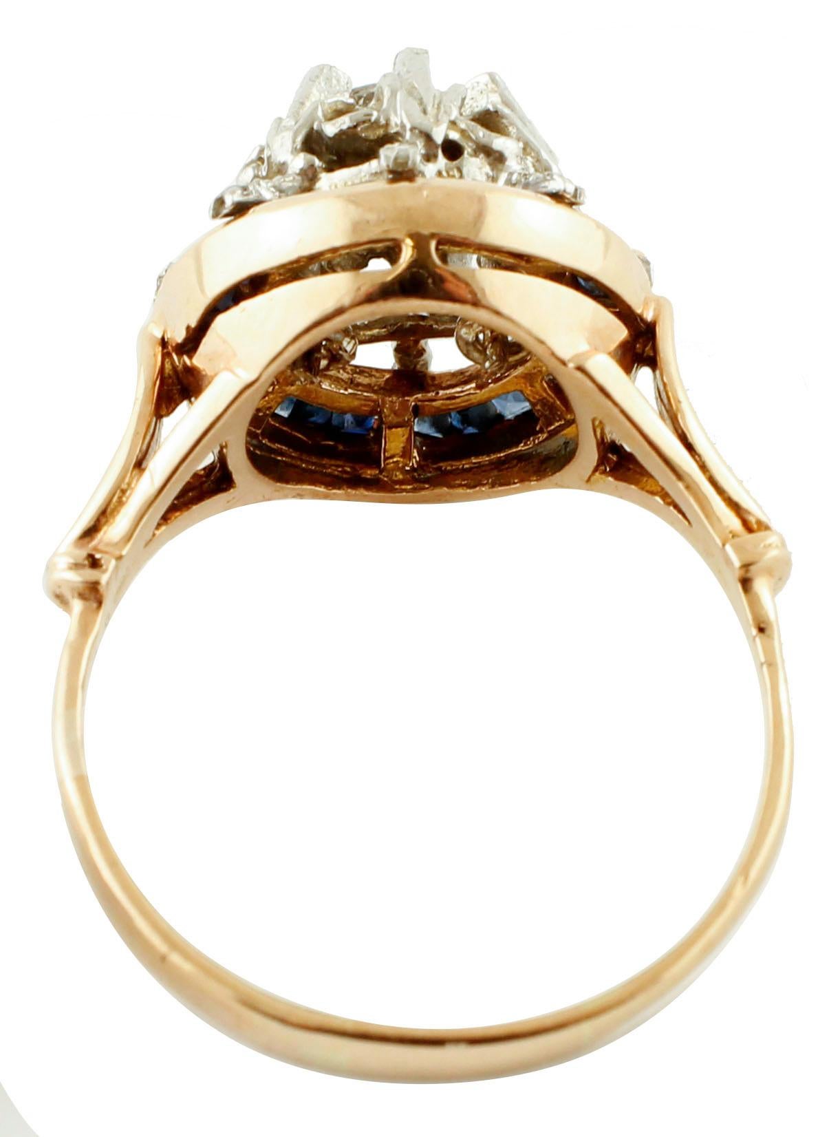 Retro Diamonds, Sapphires, 14 Karat Rose Gold and Silver Retrò Ring For Sale