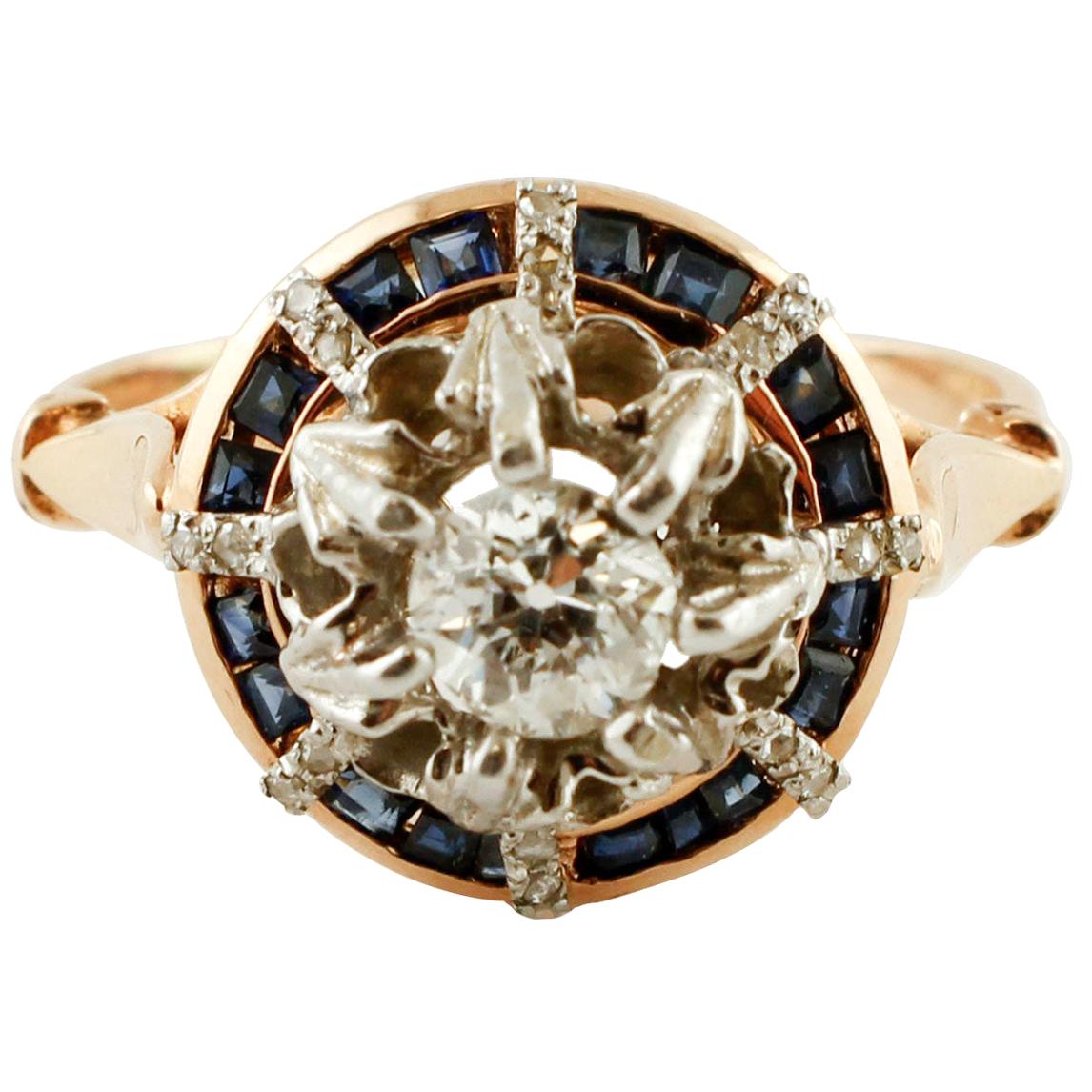 Diamonds, Sapphires, 14 Karat Rose Gold and Silver Retrò Ring For Sale