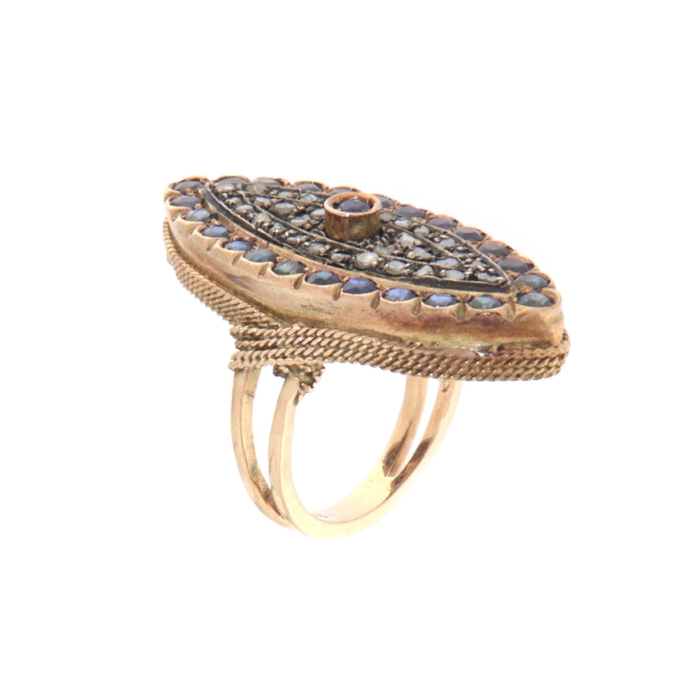 Artisan Diamonds Sapphires 14 Karat Yellow Gold Cocktail Ring For Sale