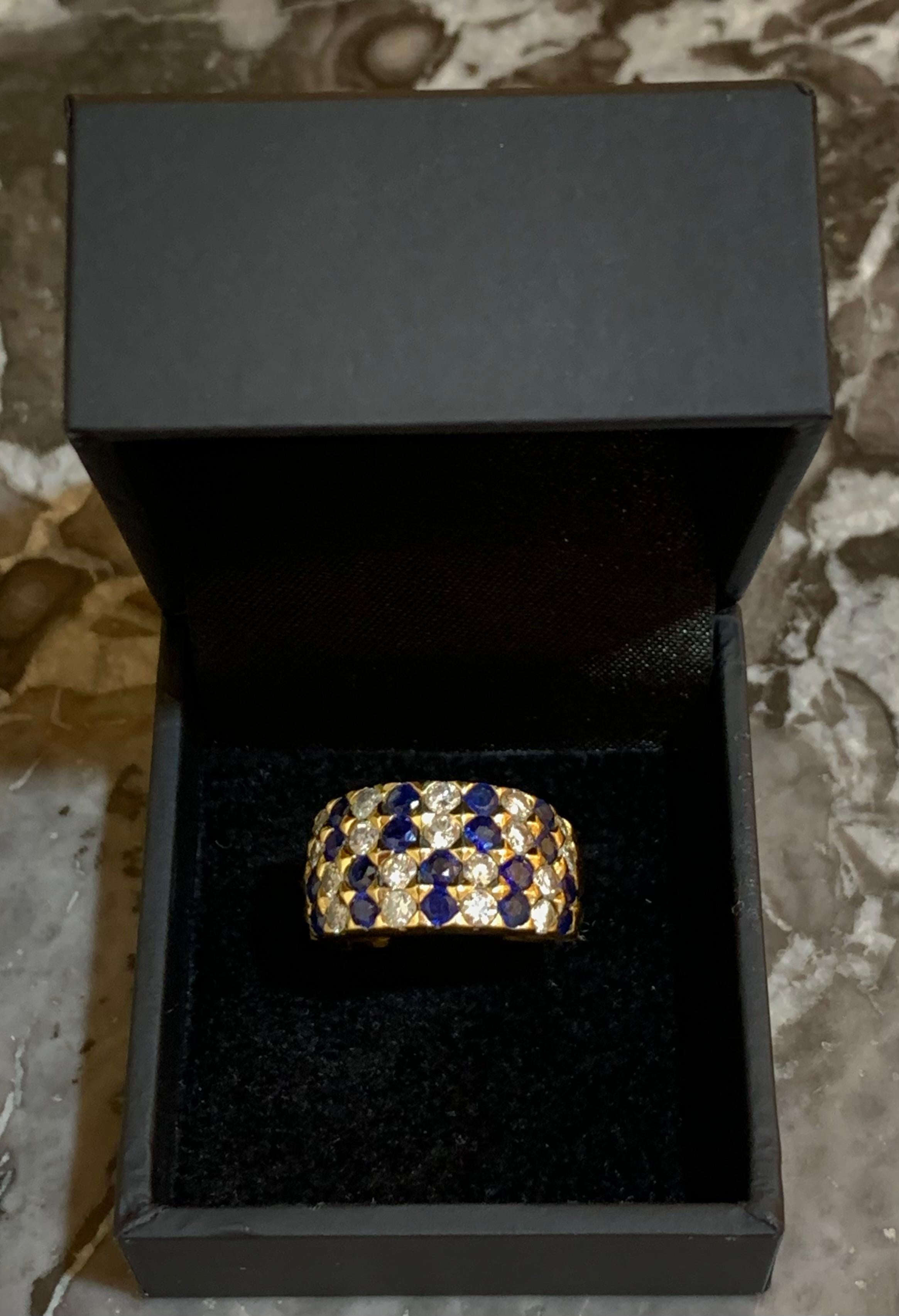 Mixed Cut Diamonds Sapphires 18 Carats Yellow Gold Checkerboard Ring
