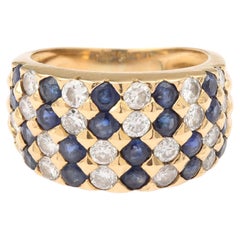 Diamonds Sapphires 18 Carats Yellow Gold Checkerboard Ring