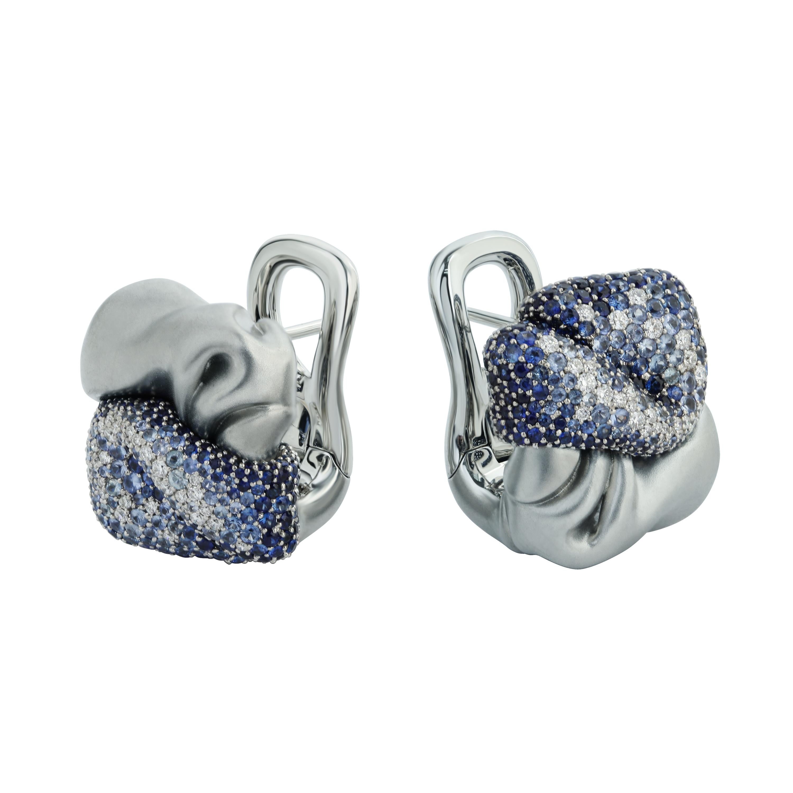 Contemporary Diamonds Sapphires 18 Karat White Gold Earrings For Sale