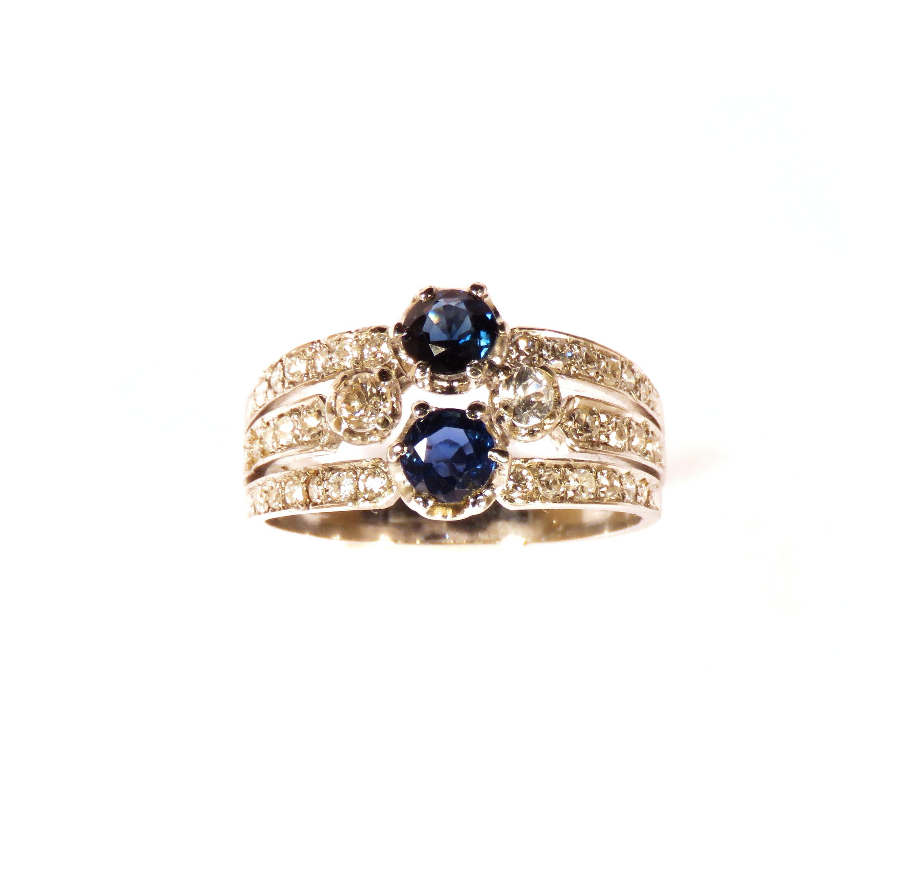 Diamonds Sapphires 18 Karat White Gold Vintage Band Ring Handcrafted in Italy In Excellent Condition For Sale In Milano, IT