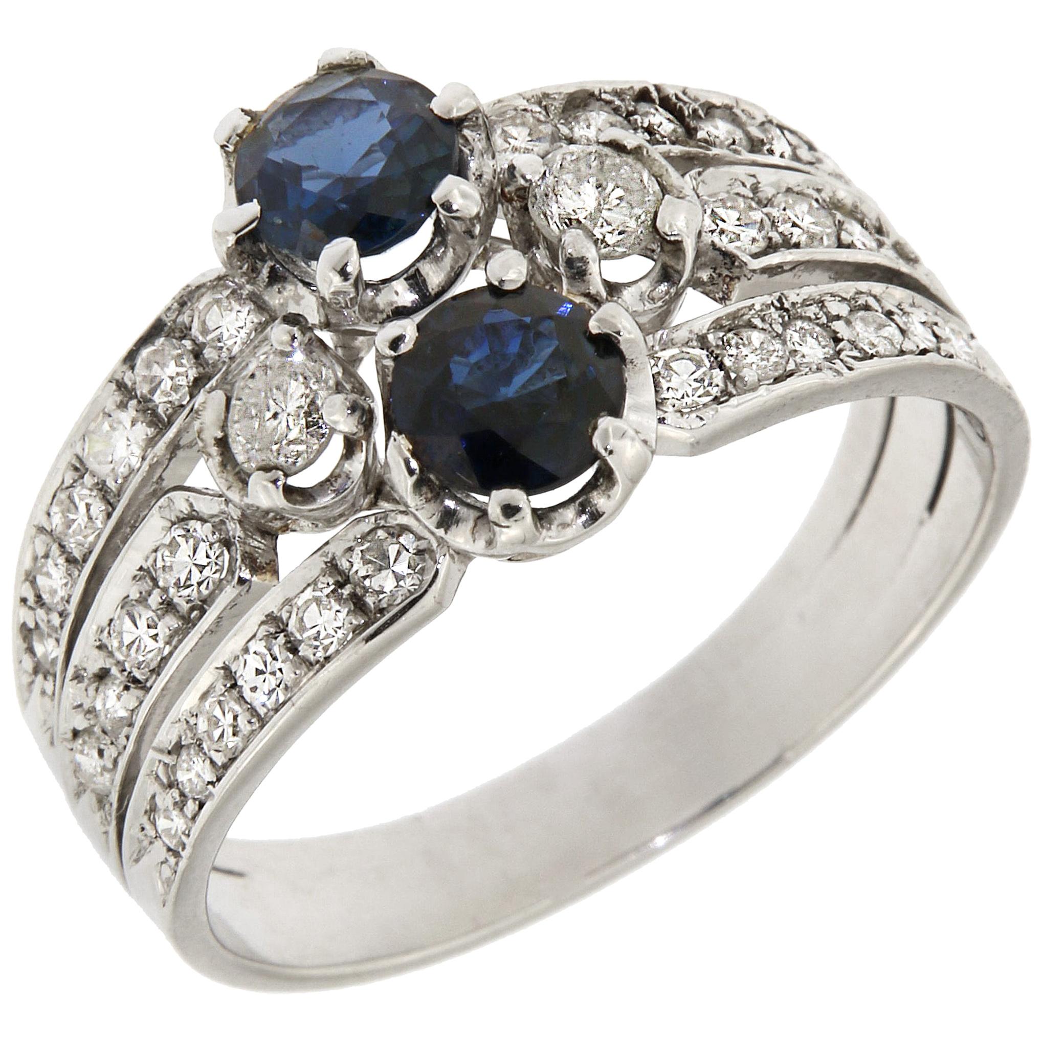 Diamonds Sapphires 18 Karat White Gold Vintage Band Ring Handcrafted in Italy For Sale