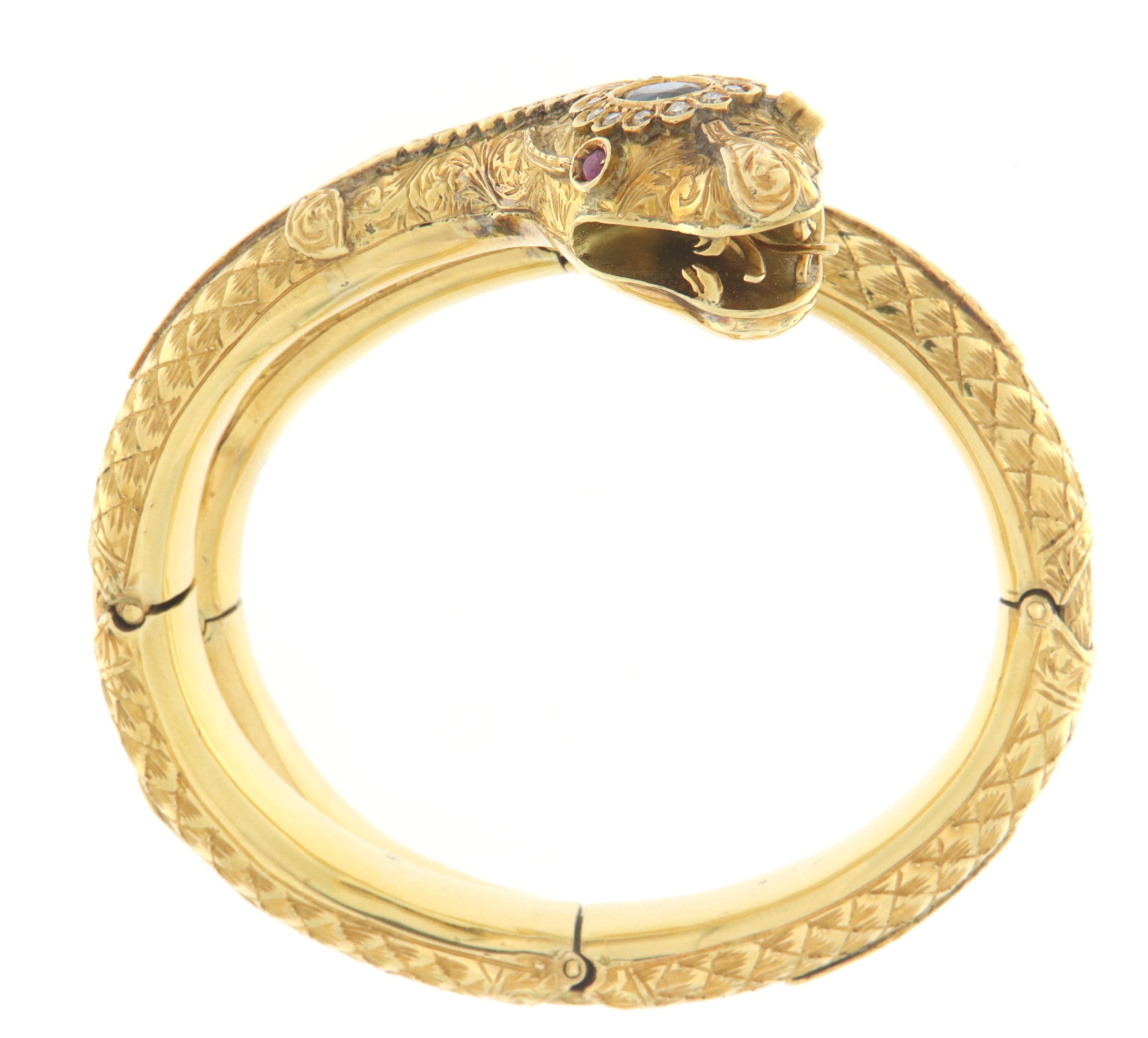 Diamonds Sapphires 18 Karat Yellow Gold Snake Bangle Bracelet For Sale 1