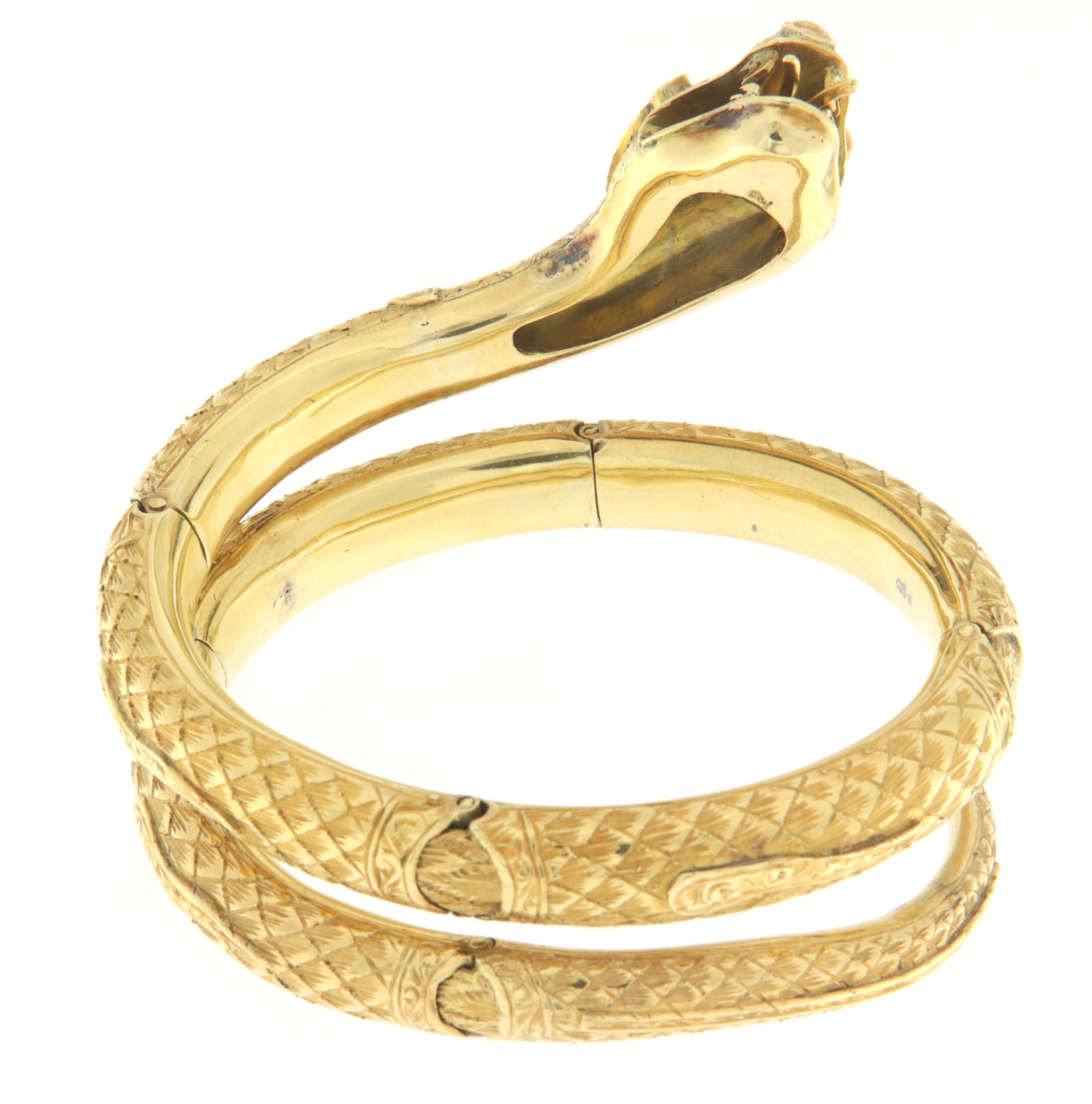 Diamonds Sapphires 18 Karat Yellow Gold Snake Bangle Bracelet For Sale 2