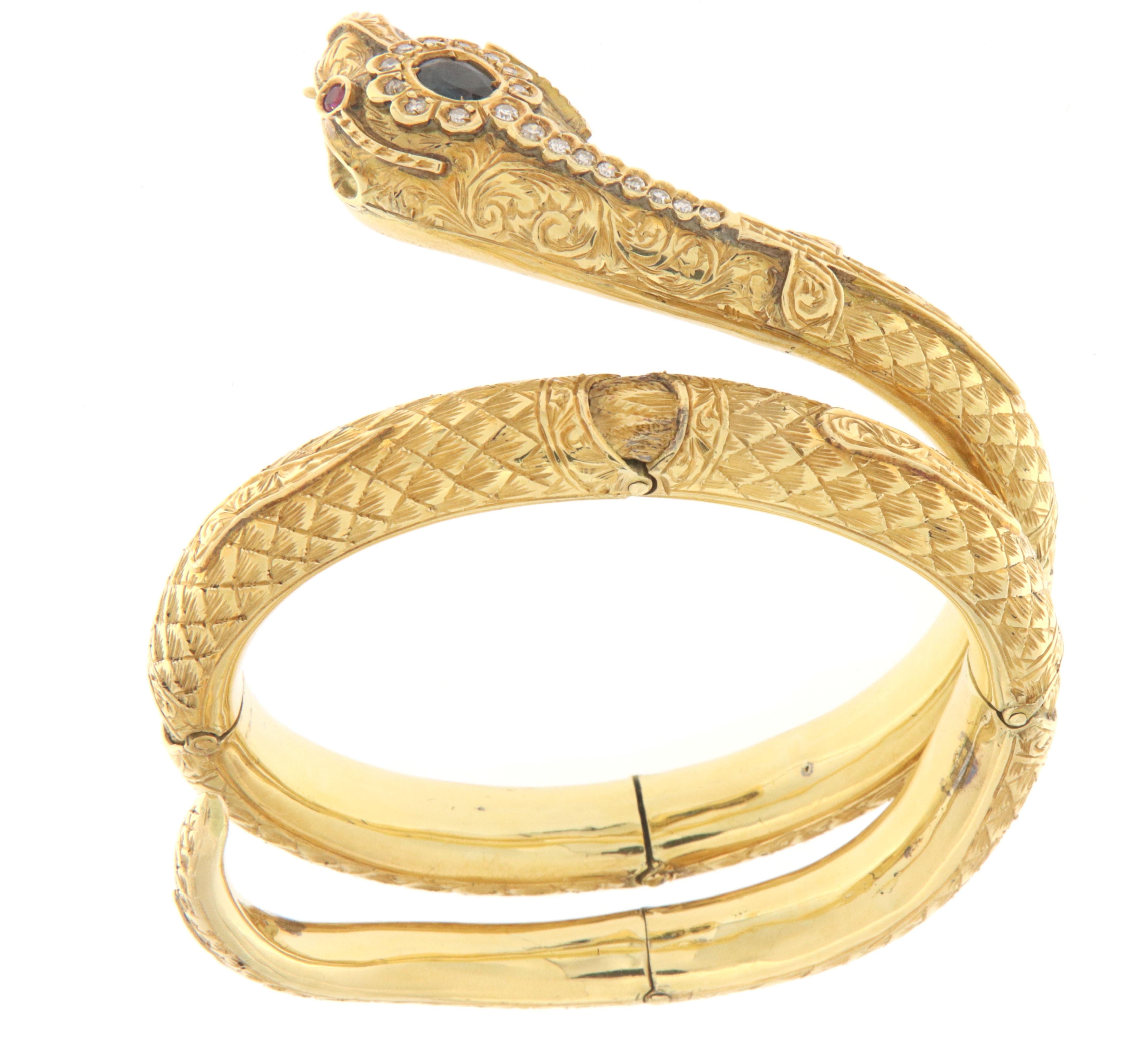 Artisan Diamonds Sapphires 18 Karat Yellow Gold Snake Bangle Bracelet For Sale