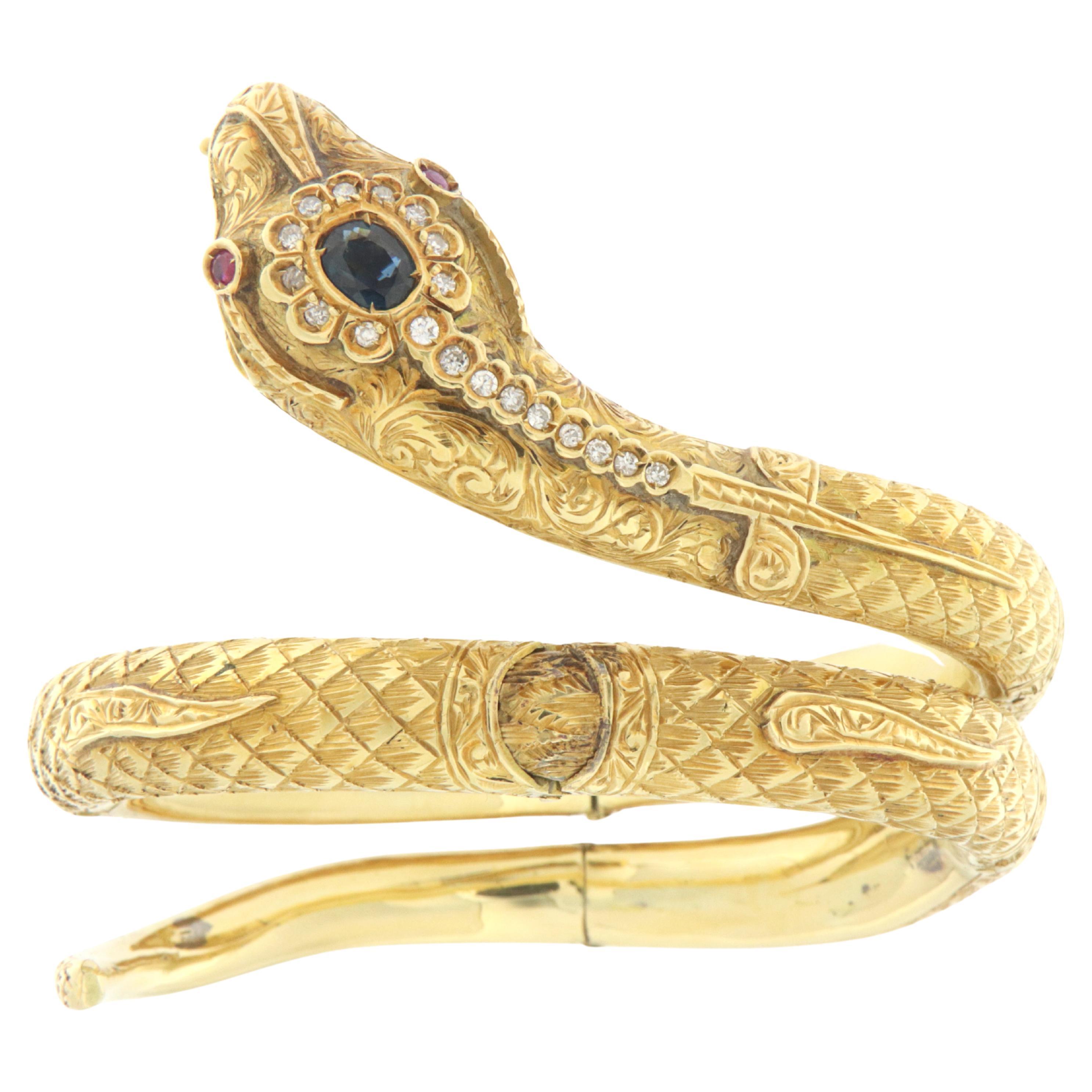 Diamonds Sapphires 18 Karat Yellow Gold Snake Bangle Bracelet