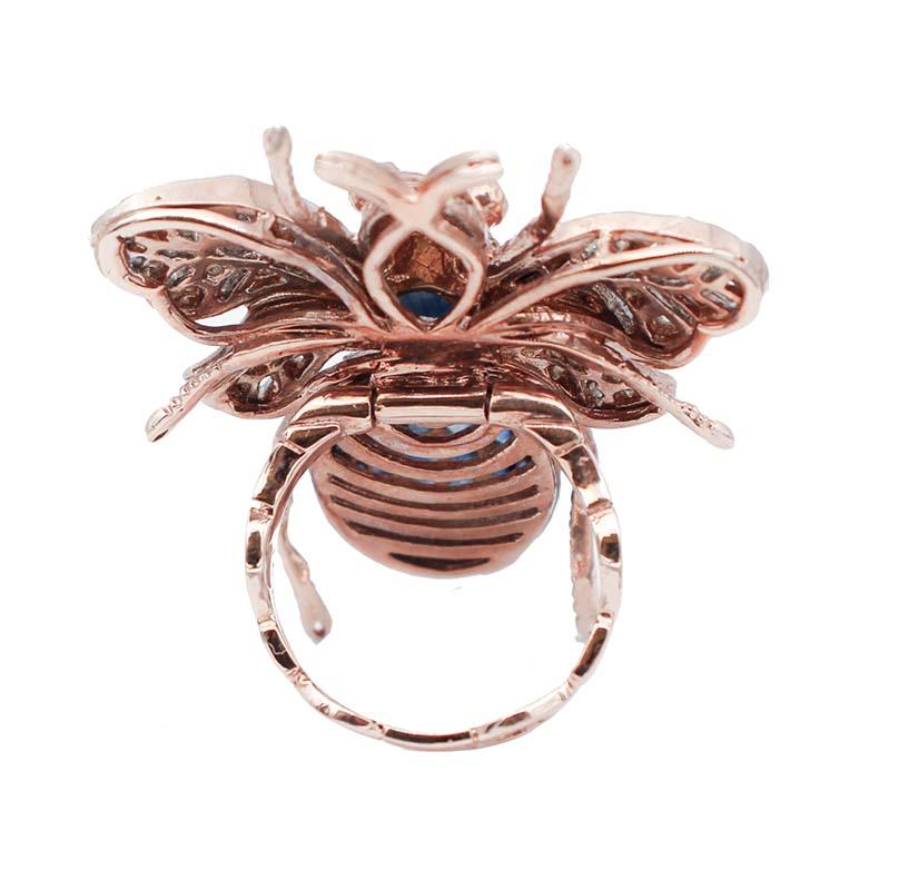 Retro Diamonds, Sapphires, 9 Karat Rose Gold and Silver Fly Shape Ring