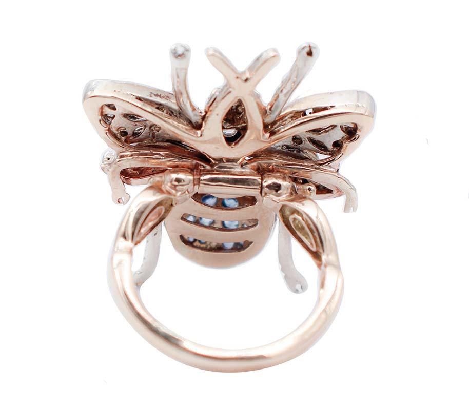 Retro Diamonds, Sapphires, 9 Karat Rose Gold and Silver Fly Shape Ring