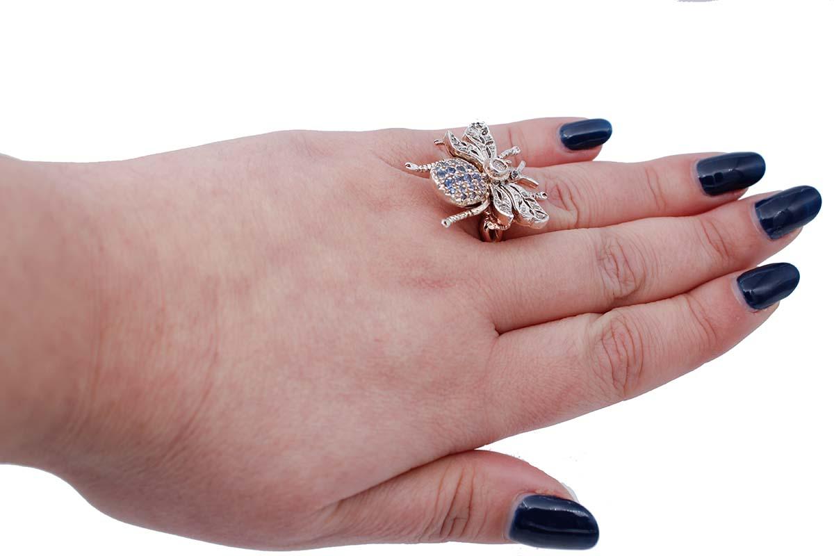 Diamonds, Sapphires, 9 Karat Rose Gold and Silver Fly Shape Ring In New Condition In Marcianise, Marcianise (CE)
