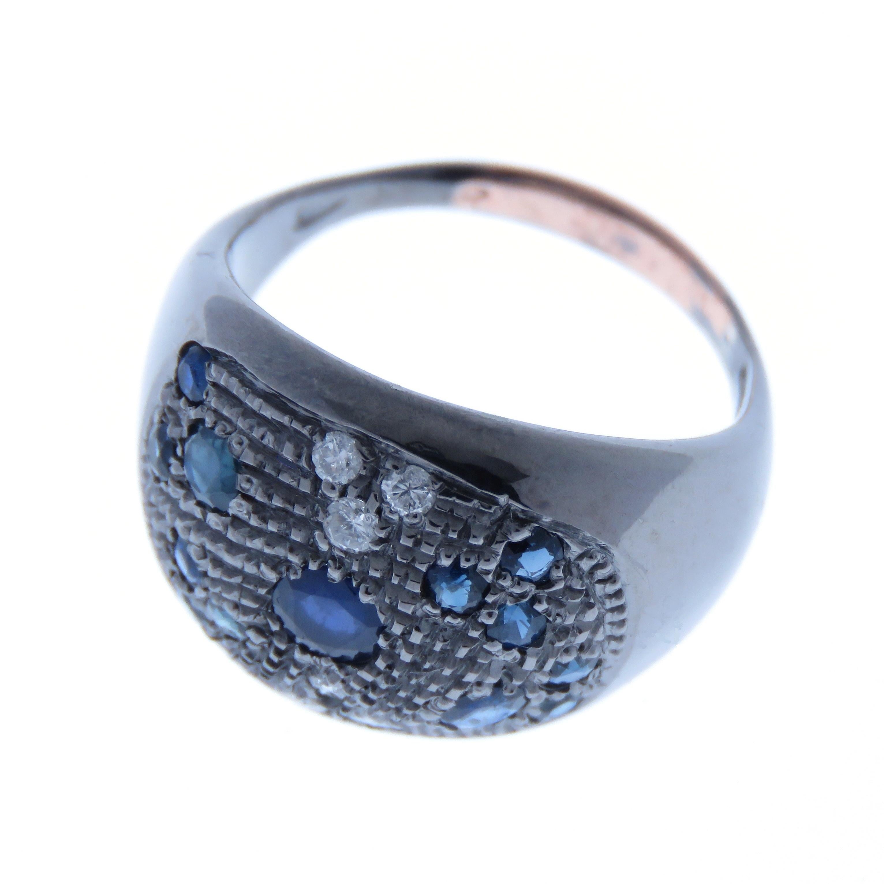 Moderno Anello a cupola con diamanti e zaffiri in oro rosa 9 carati e argento Sterling Made in Italy in vendita