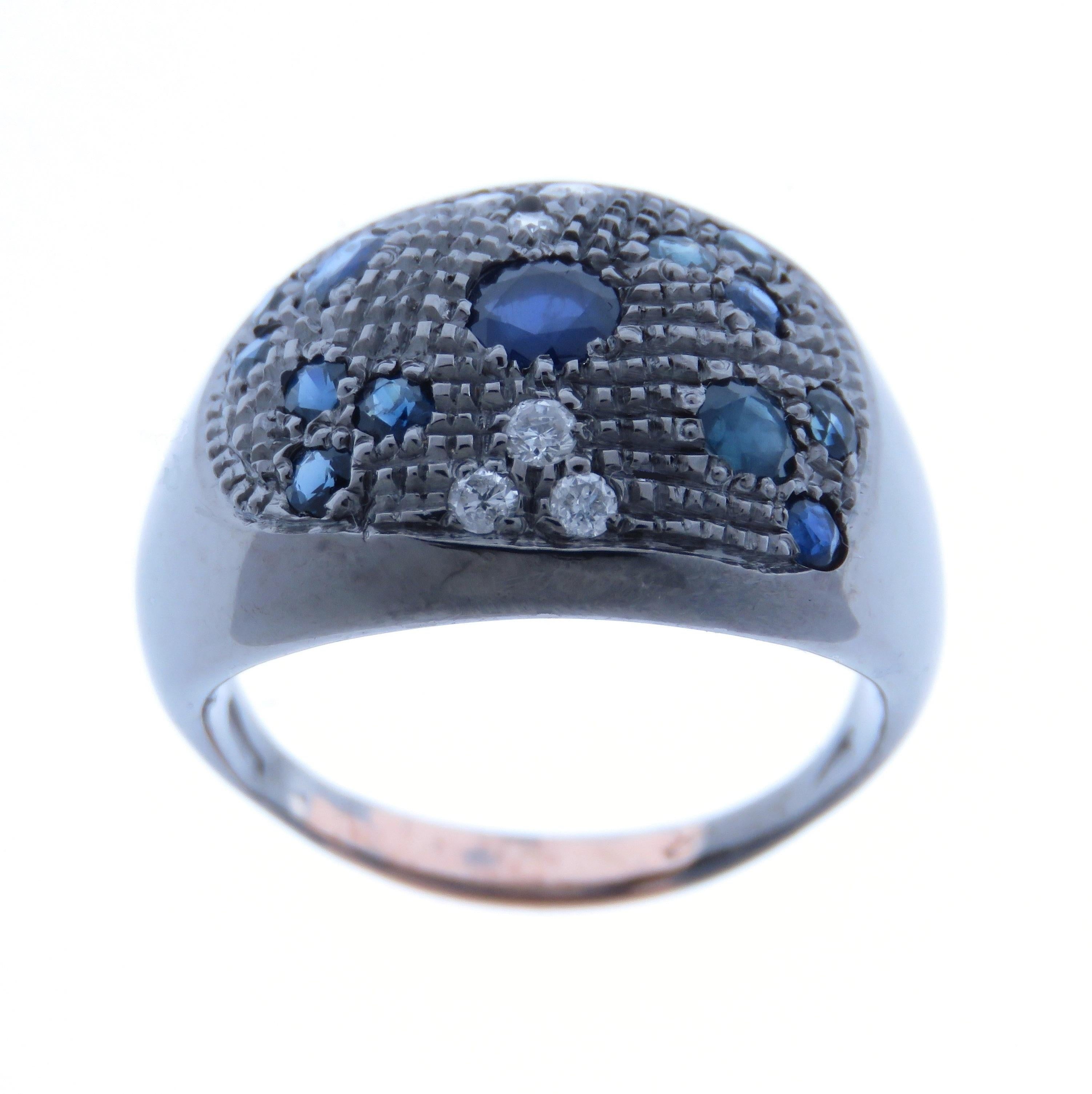 Diamonds Sapphires 9 Karat Rose Gold Sterling Silver Dome Ring Made in Italy In New Condition For Sale In Milano, IT