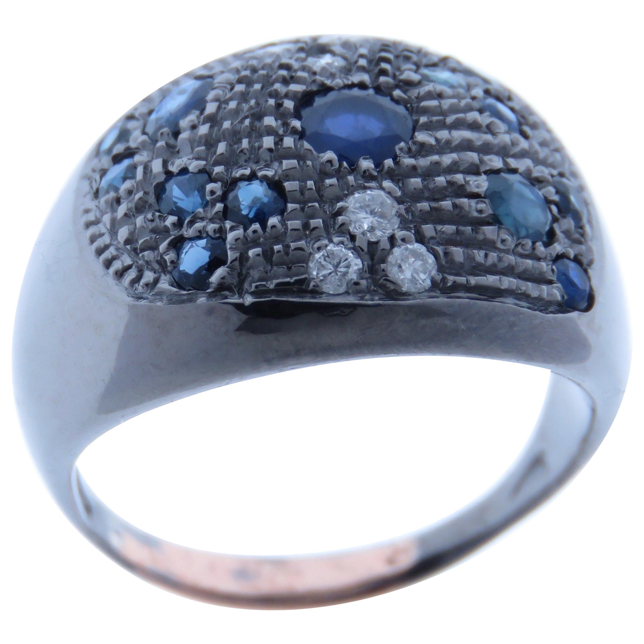 Diamonds Sapphires 9 Karat Rose Gold Sterling Silver Dome Ring Made in Italy For Sale