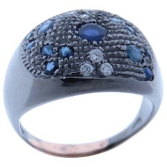 Diamonds Sapphires 9 Karat Rose Gold Sterling Silver Dome Ring Made in Italy