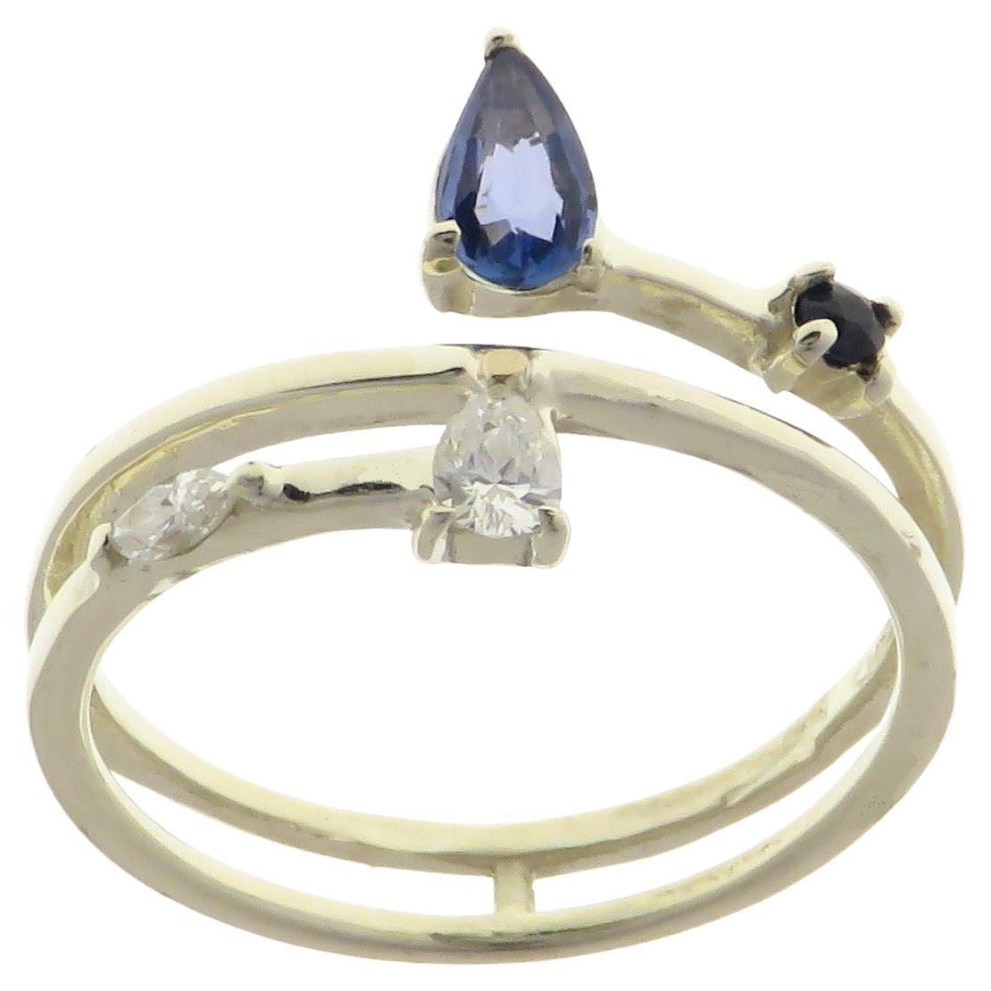 Diamonds Sapphires 9 Karat White Gold Band Ring Handcrafted in Italy For Sale