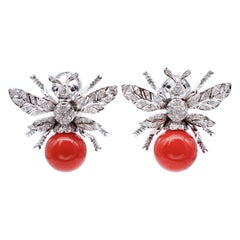 Diamonds, Sapphires, Aka Coral, 14 Karat White Gold Bee Earrings