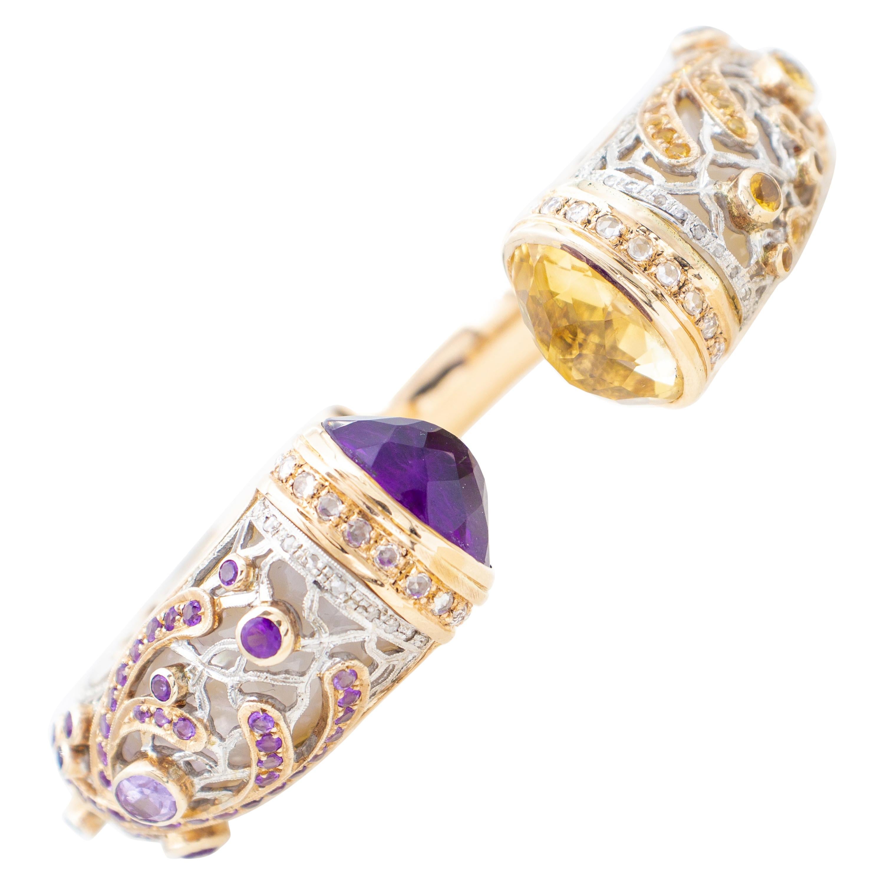 Armband aus 9 Karat Gold und Silber mit Diamanten, Saphiren, Amethysten und Topas und weißem Stein im Angebot