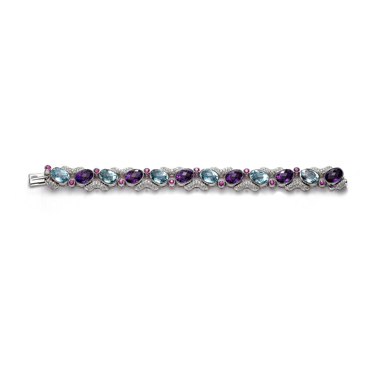 Bracelet in 18kt white gold set with 321 diamonds 3.88 cts 12 pink sapphires 1.68 cts, 6 amethysts 18.68 cts and 6 aquamarines 13.63 cts      