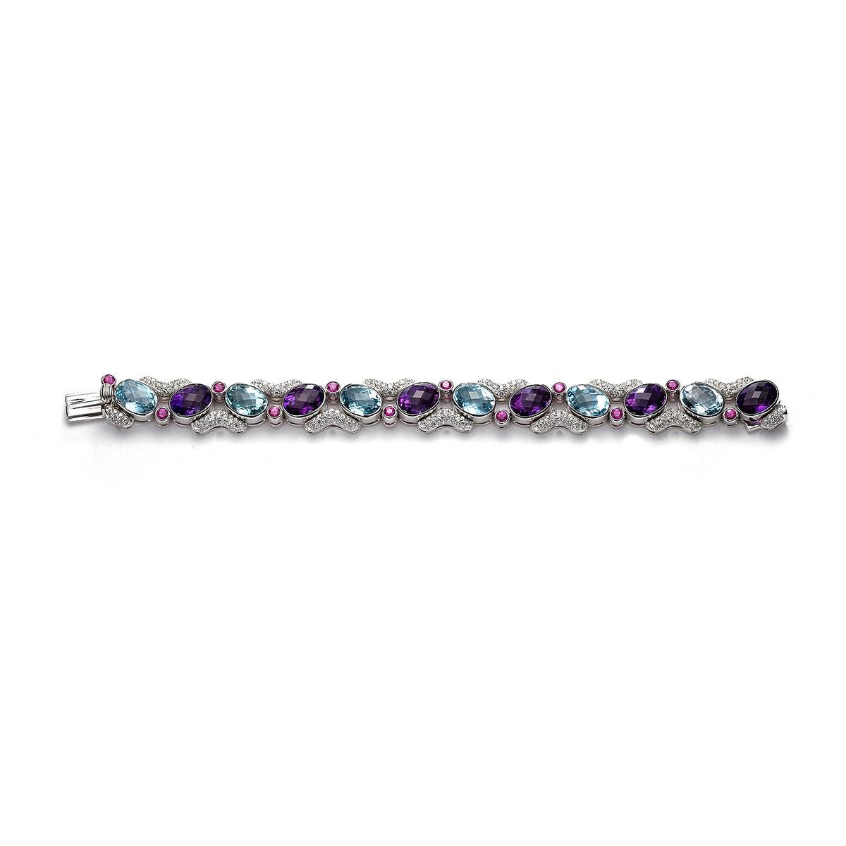 Oval Cut Diamonds Sapphires Ametysts and Aquamarines Bracelet For Sale