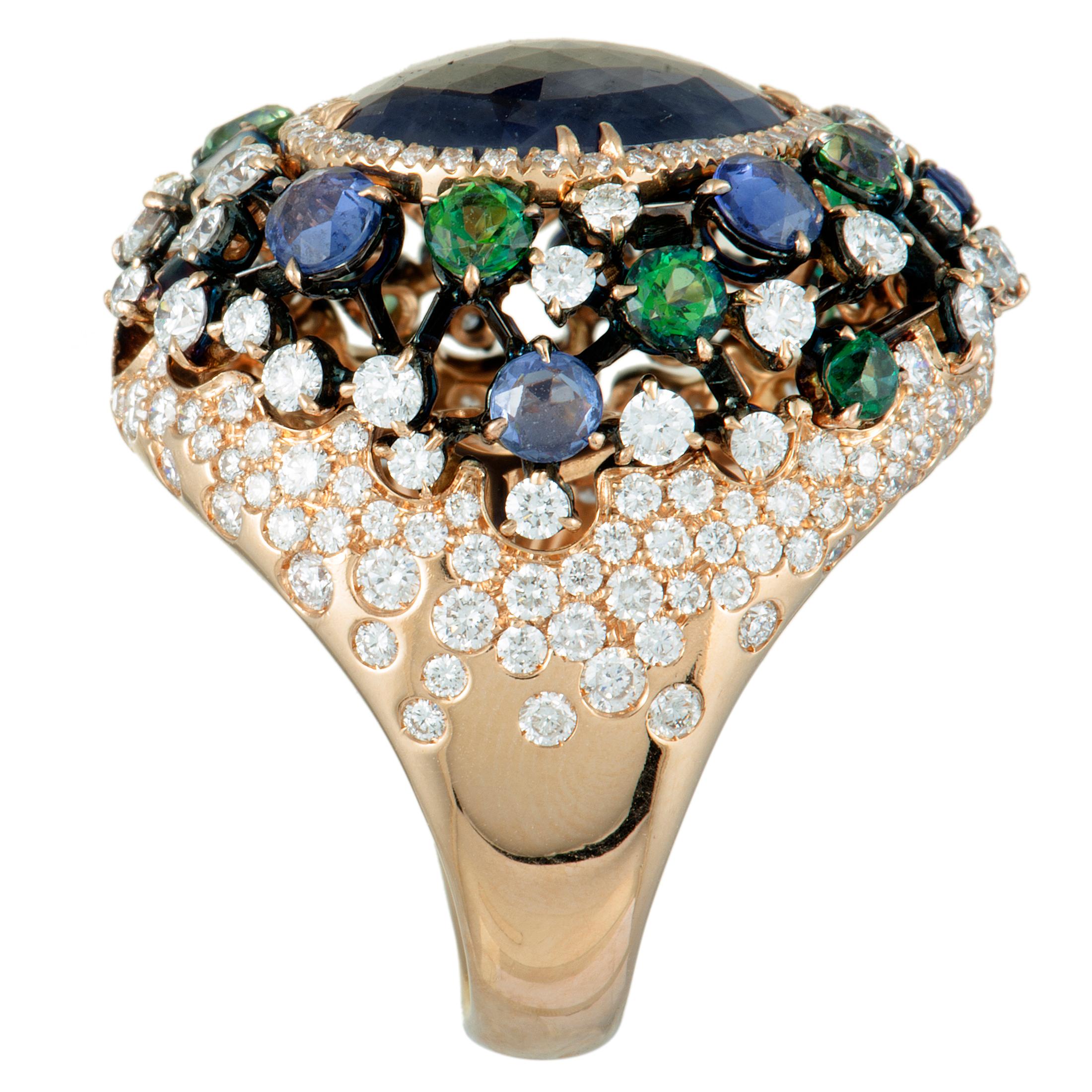 Diamonds, Sapphires, and Tsavorites Large Rose Gold Dome Ring In New Condition In Southampton, PA