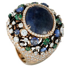 Diamonds, Sapphires, and Tsavorites Large Rose Gold Dome Ring