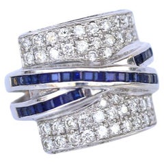 Diamonds Sapphires Band Ring 14K White Gold, 1970