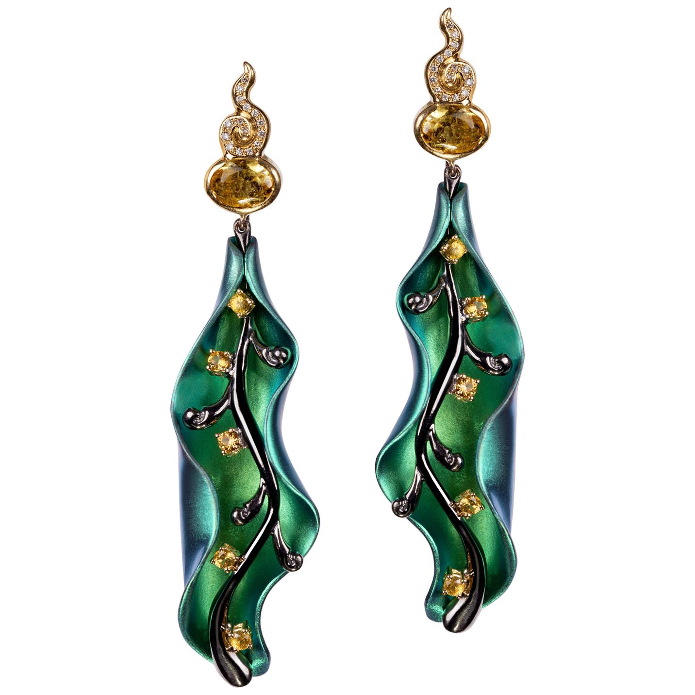 Diamonds Sapphires Beryls 18 Karat Gold Sterling Silver Green Titanium Earrings For Sale