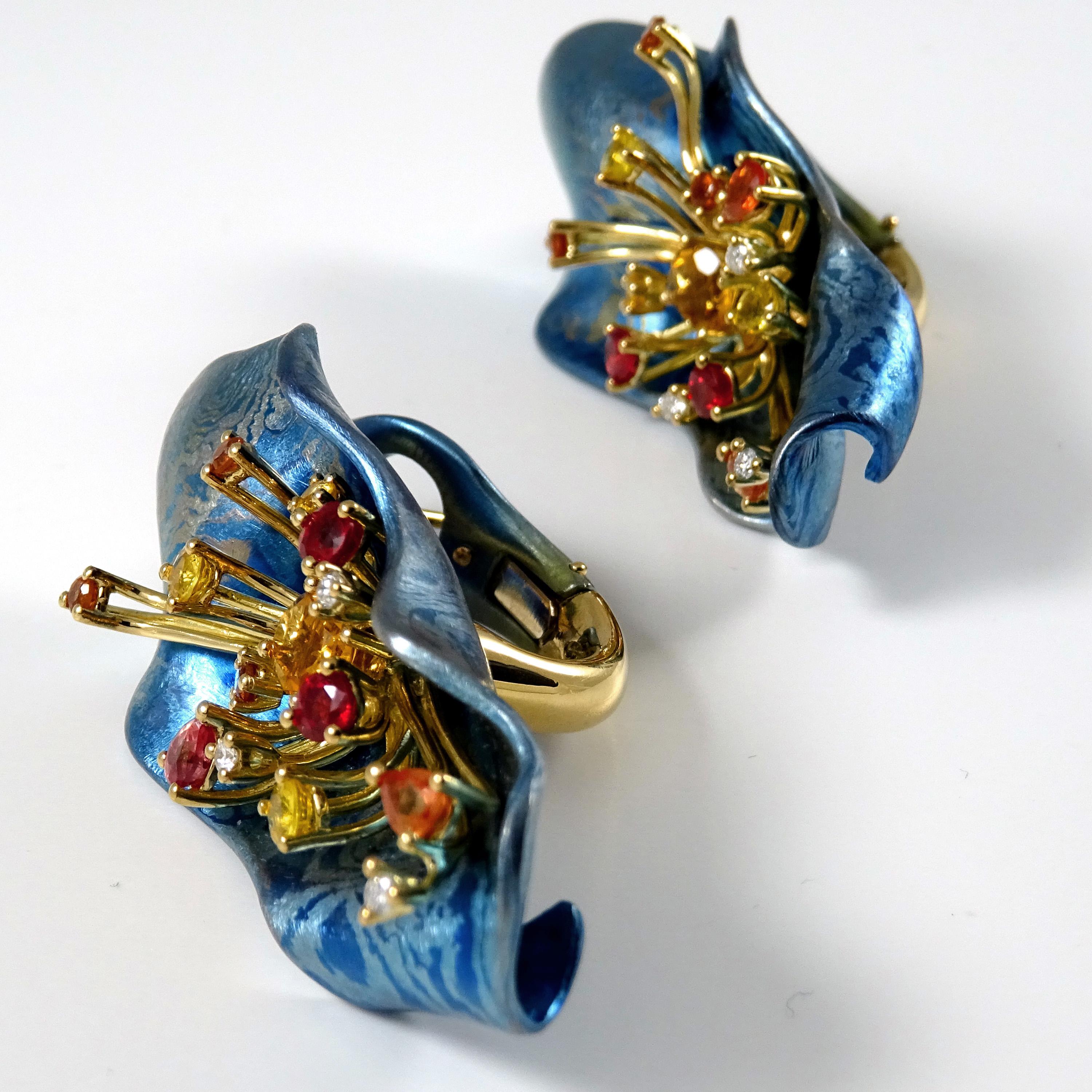 Brilliant Cut Diamonds Orange Sapphires Citrines 18 Karat Gold Titanium Clip-On Earrings For Sale